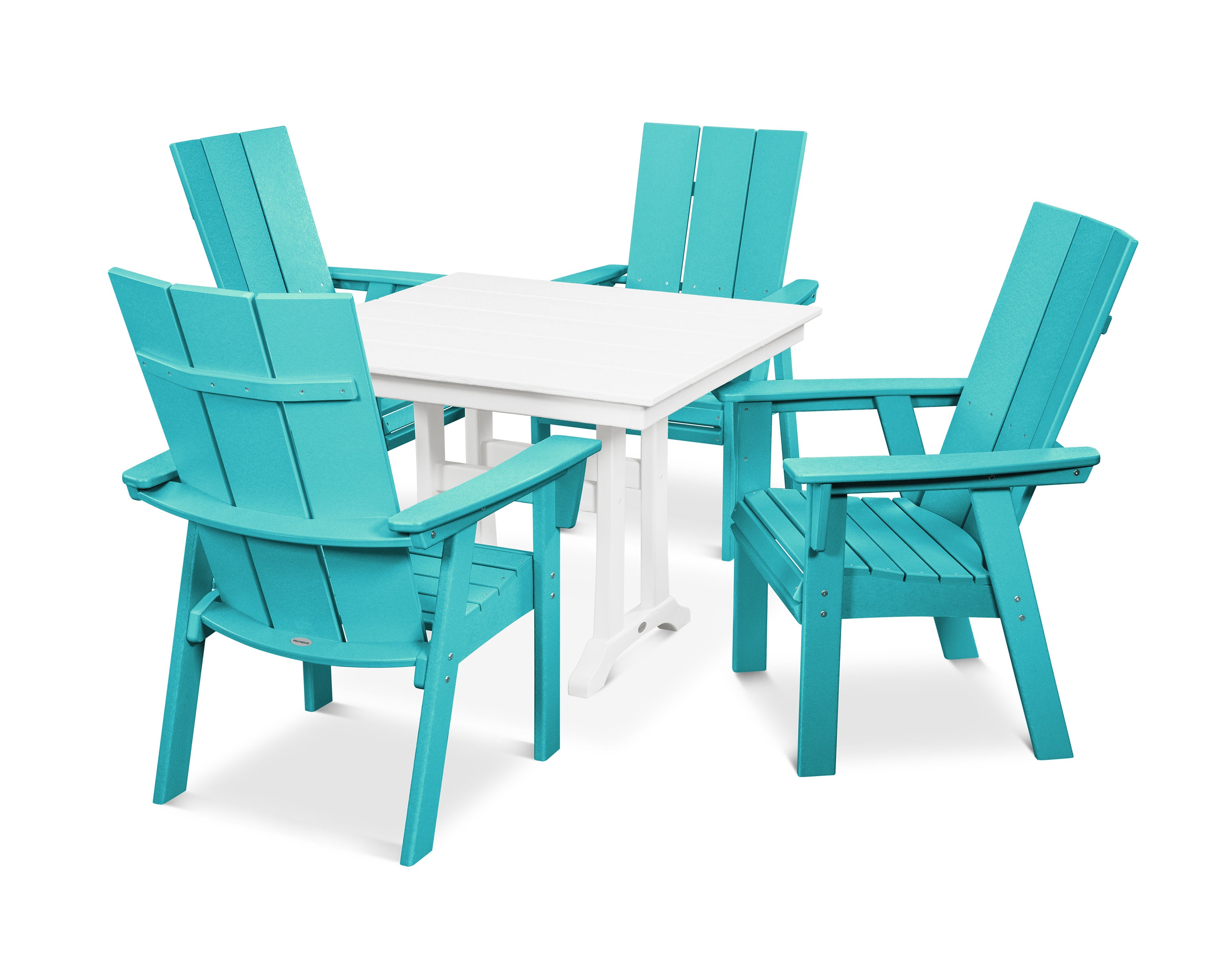 Modern Curveback Adirondack 5-Piece Farmhouse Trestle Dining Set in Aruba / White