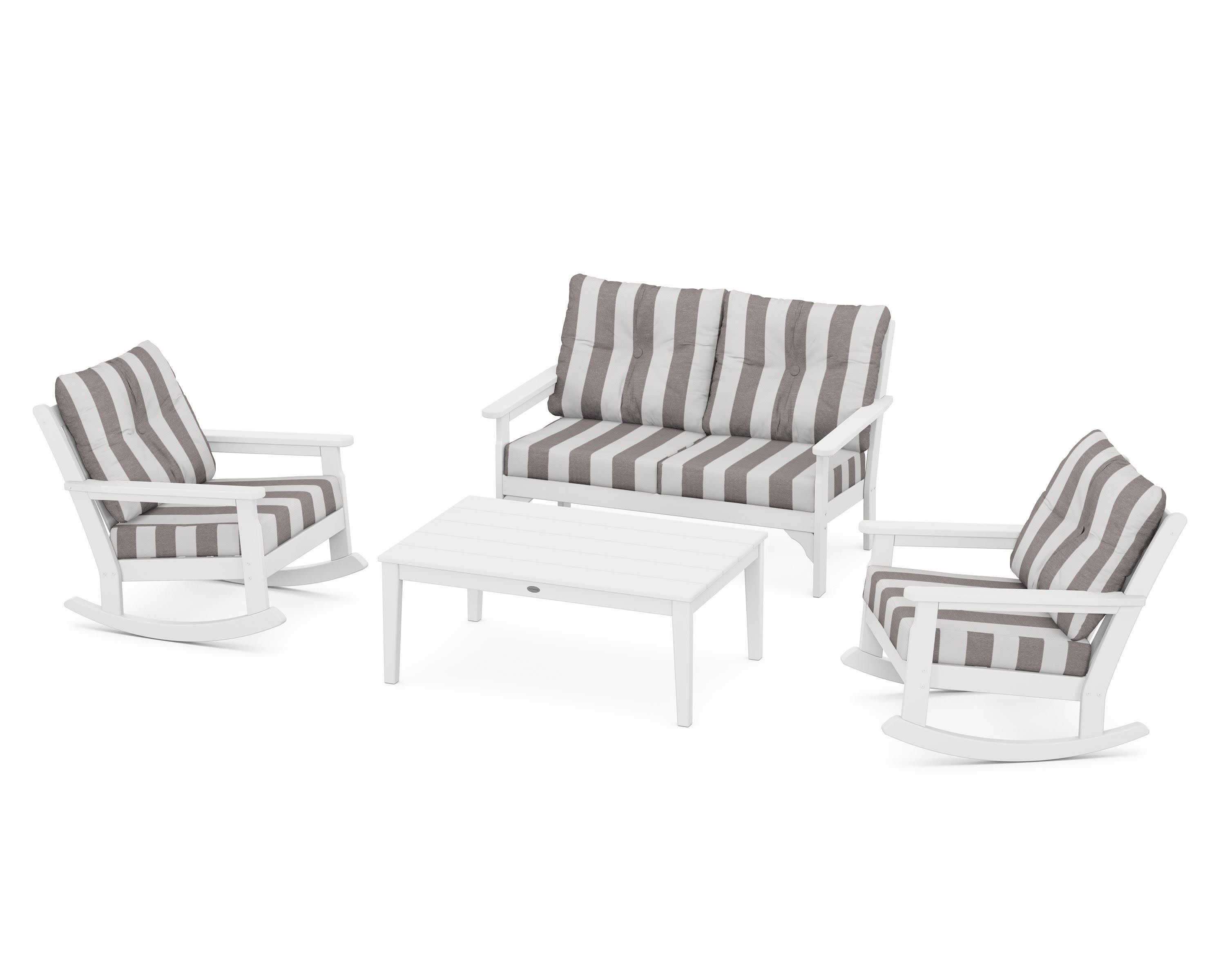 Vineyard 4-Piece Deep Seating Rocking Chair Set in White / Cabana Stripe Grey Mist