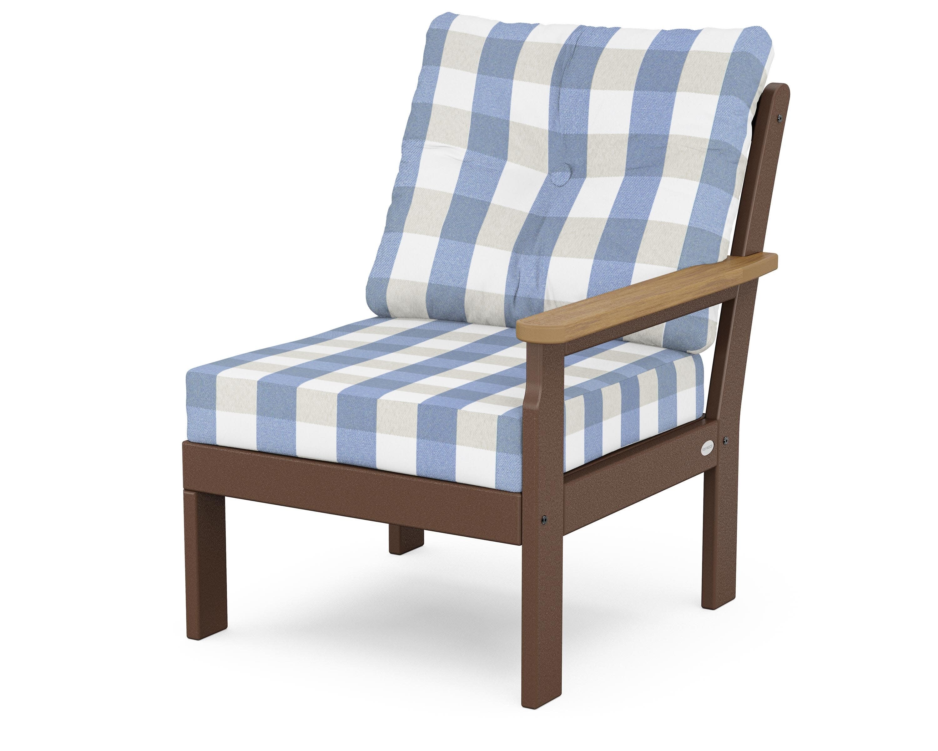 Vineyard Modular Right Arm Chair in Mahogany / Natural / Buffalo Plaid Sky Blue