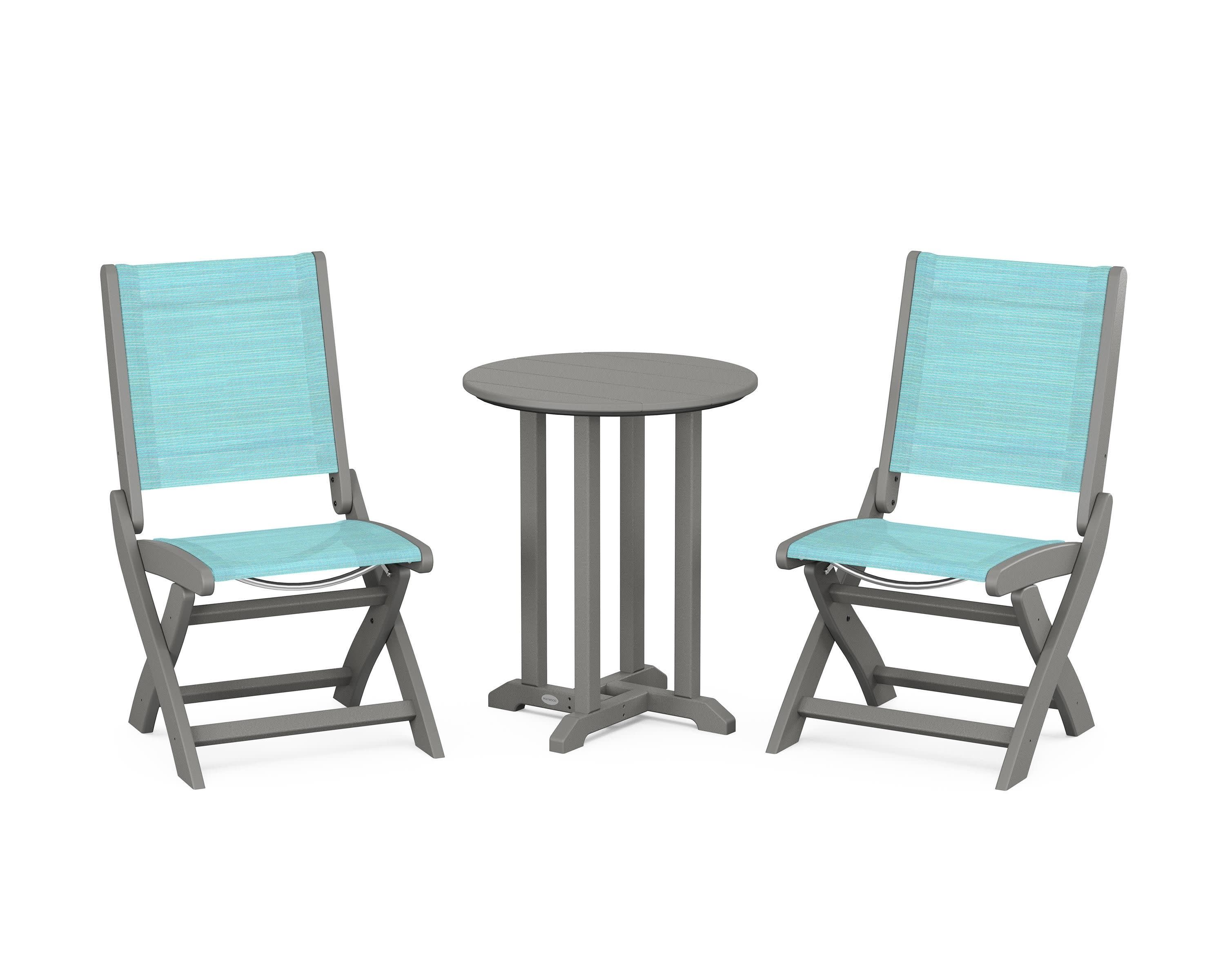 Coastal Folding Side Chair 3-Piece Round Bistro Dining Set in Slate Grey / Dupioni Aquamarine Sling