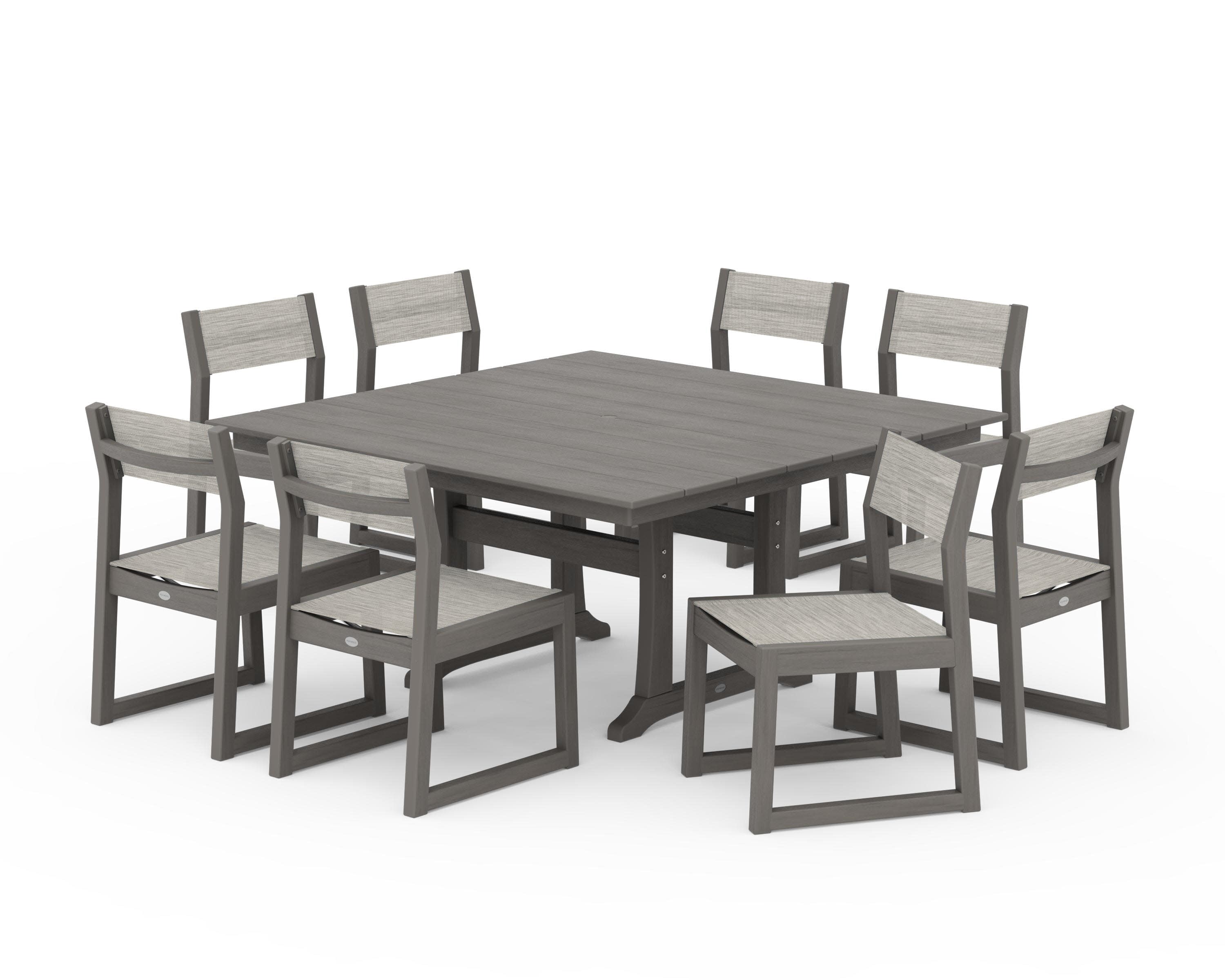 EDGE Sling Side Chair 9-Piece Farmhouse Trestle Dining Set in Driftwood / Birch Sling