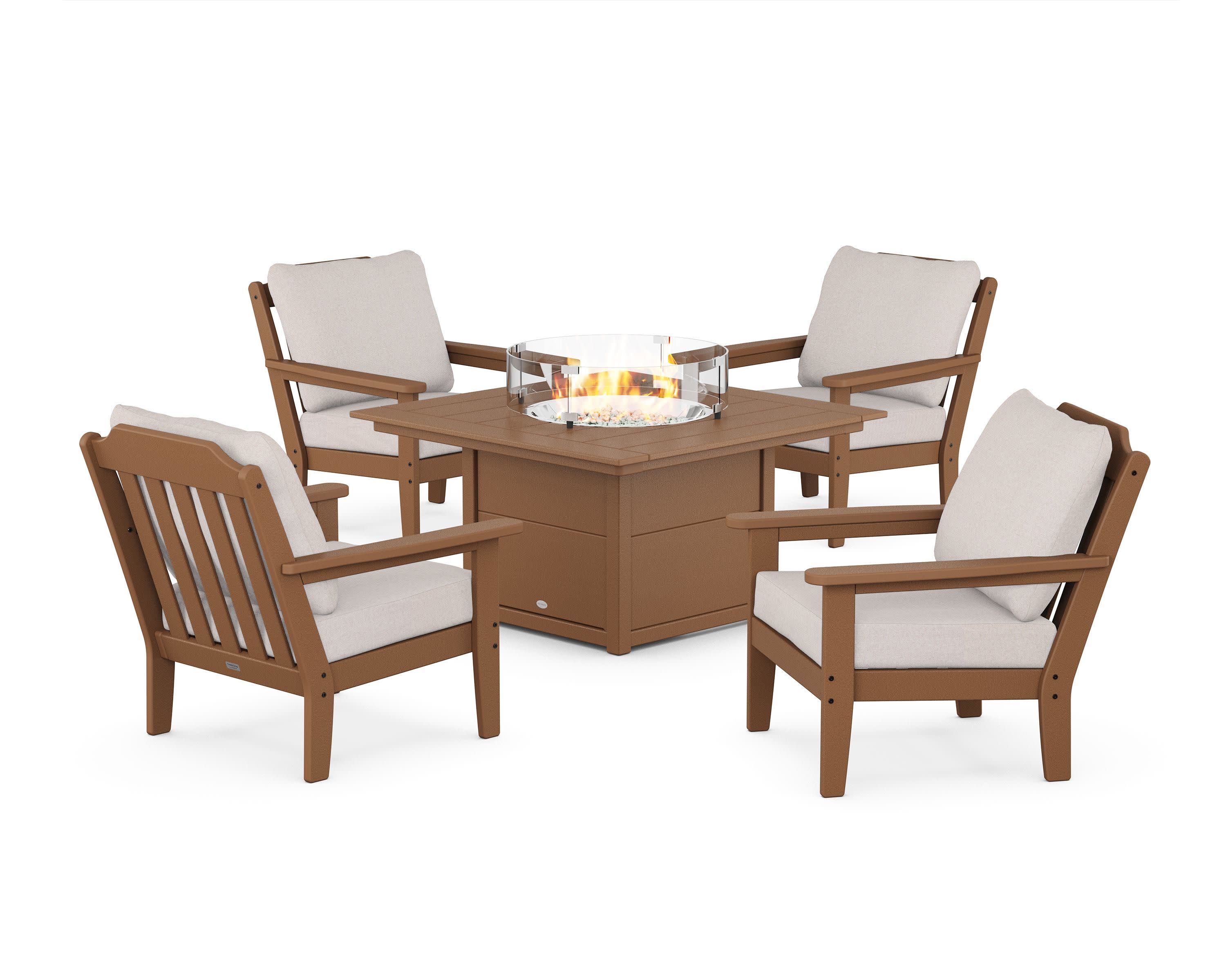 Cottage 5-Piece Deep Seating Set with Fire Pit Table in Teak / Dune Burlap