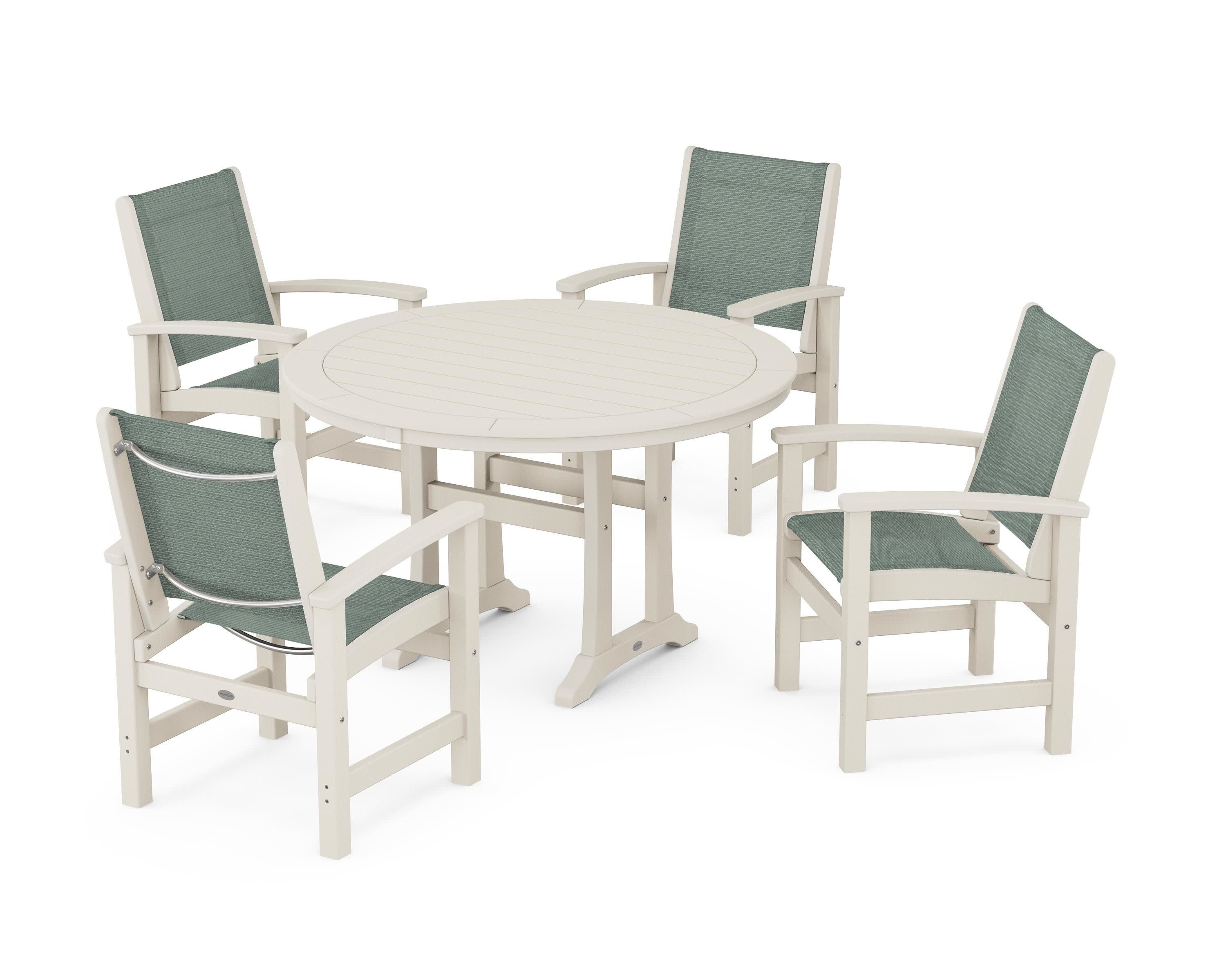 Coastal 5-Piece Round Dining Set with Trestle Legs in Sand / Dupioni Sea Mist Sling