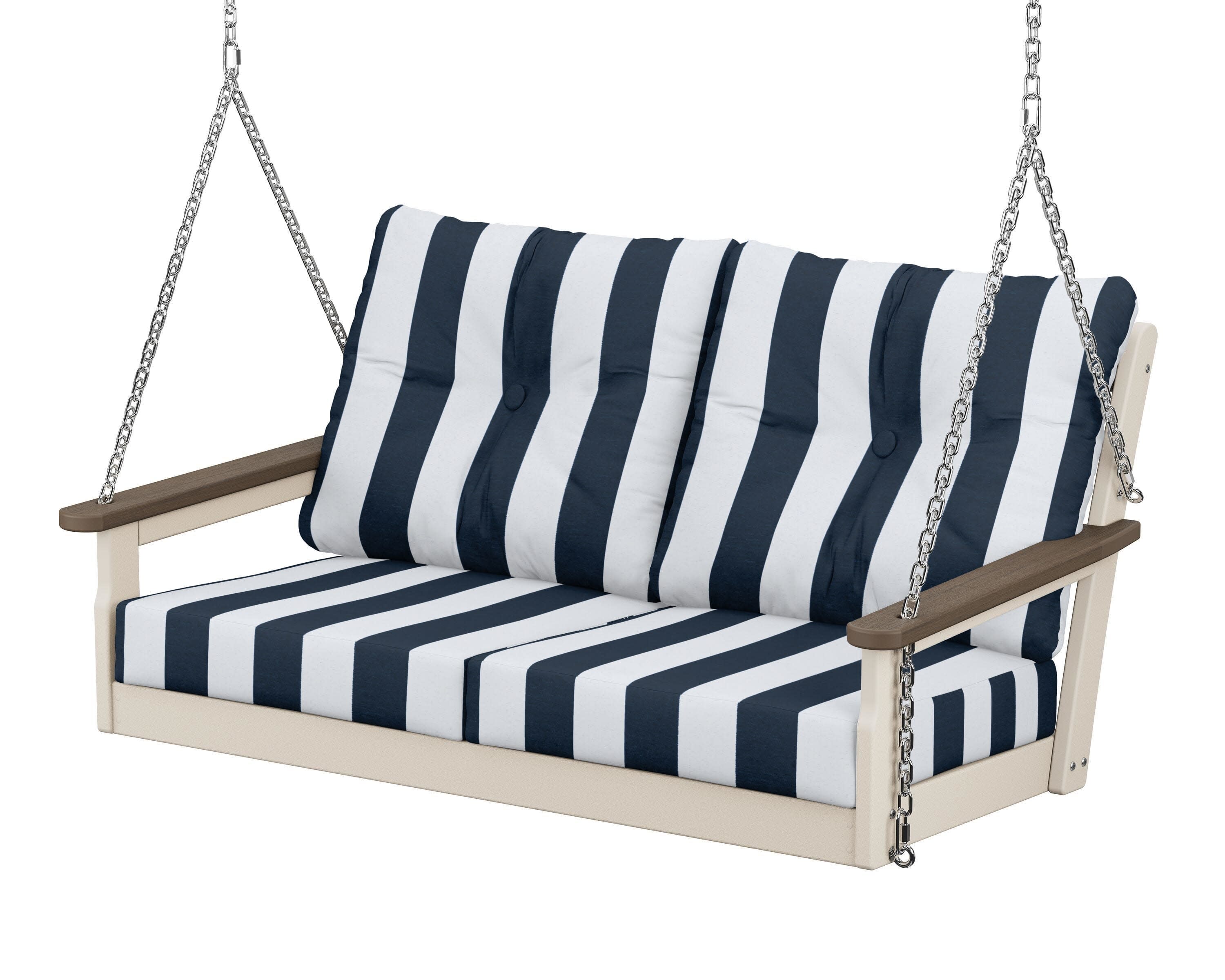 Vineyard Deep Seating Swing in Sand / Kona / Cabana Stripe Marine Indigo