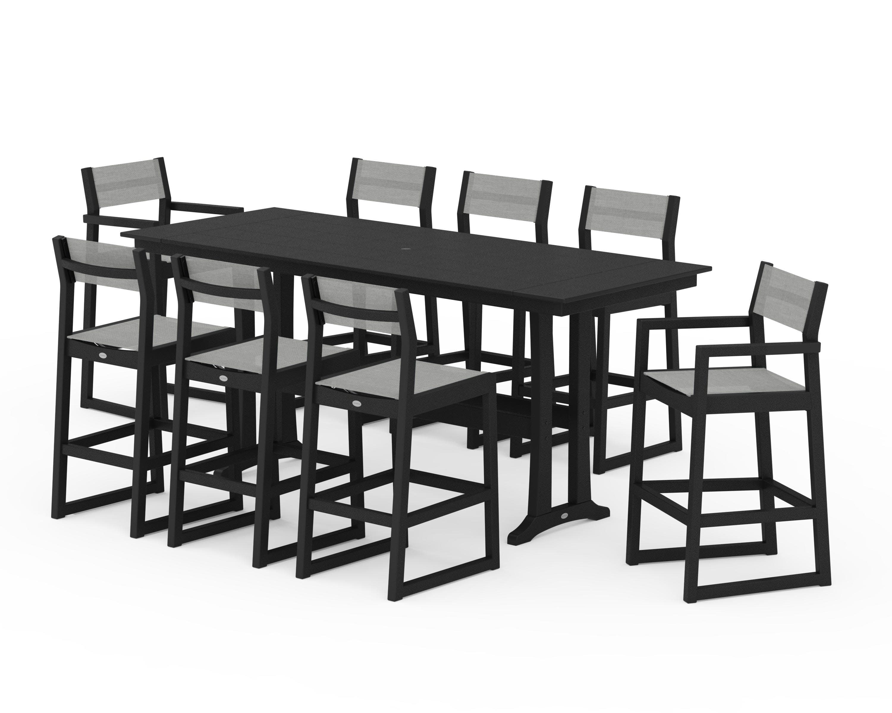 EDGE Sling 9-Piece Farmhouse Bar Set with Trestle Legs in Black / Metallic Sling