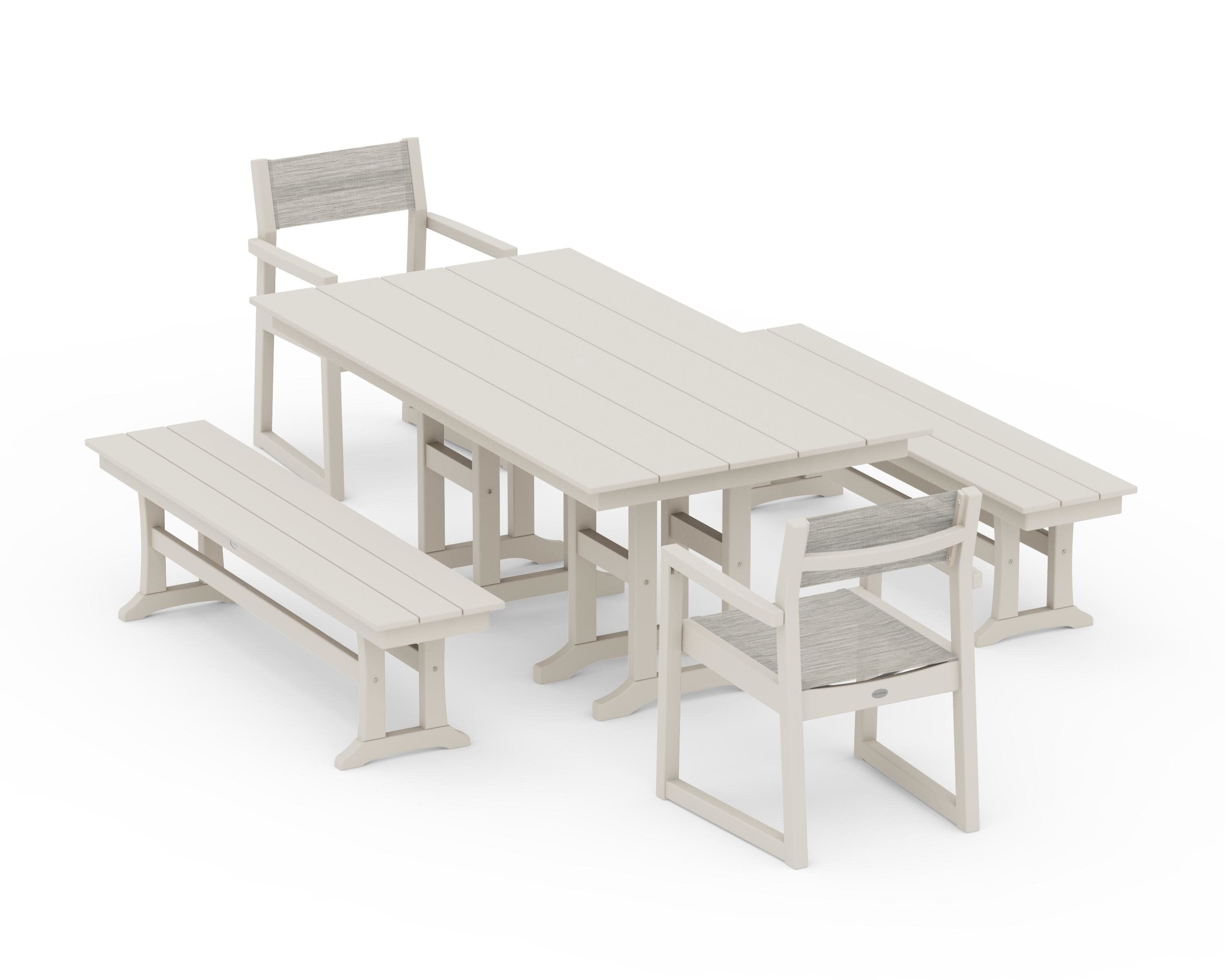 EDGE Sling Arm Chair 5-Piece Farmhouse Dining Set with Benches in Sand / Birch Sling