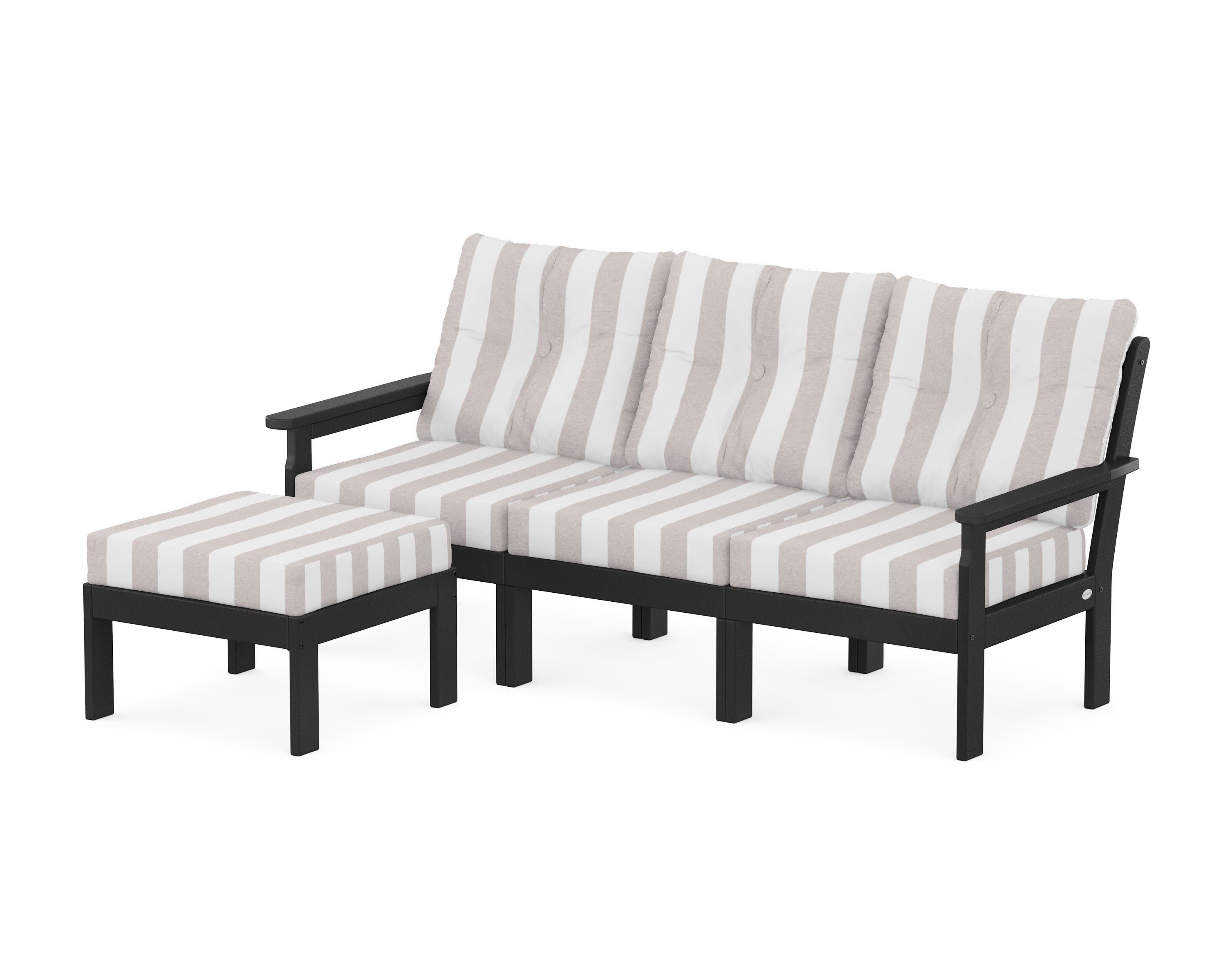 Vineyard 4-Piece Sectional with Ottoman in Black / Cabana Stripe Dune Burlap