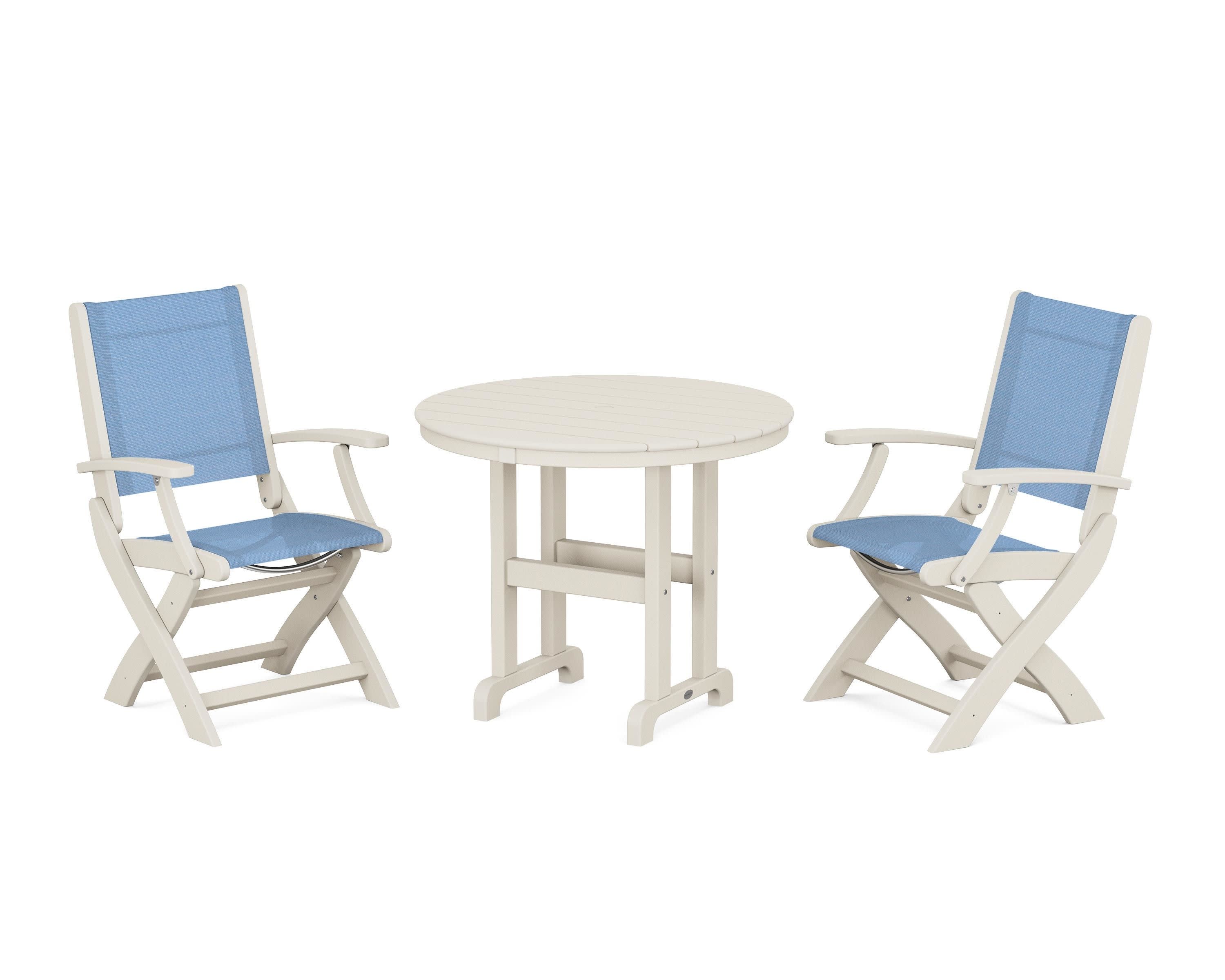 Coastal Folding Chair 3-Piece Round Dining Set in Sand / Poolside Sling