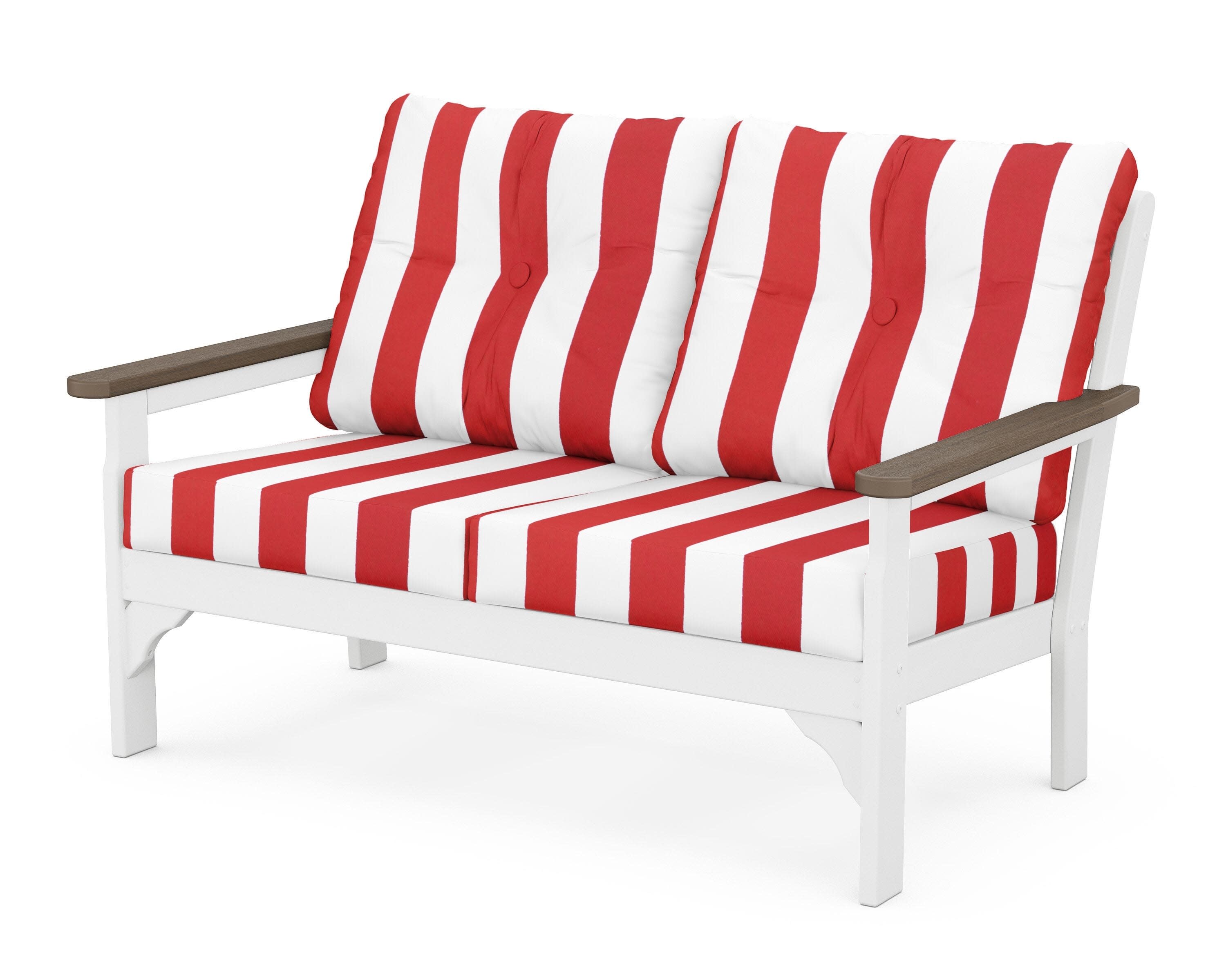 Vineyard Deep Seating Loveseat in White / Kona / Cabana Stripe Crimson