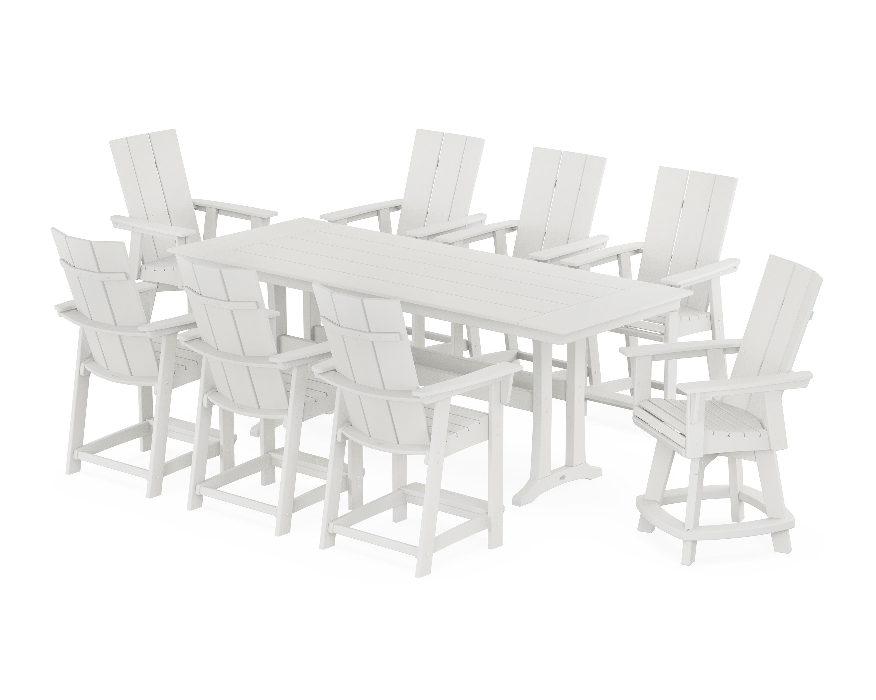 Modern Curveback Adirondack Swivel 9-Piece Farmhouse Counter Set with Trestle Legs in Vintage White