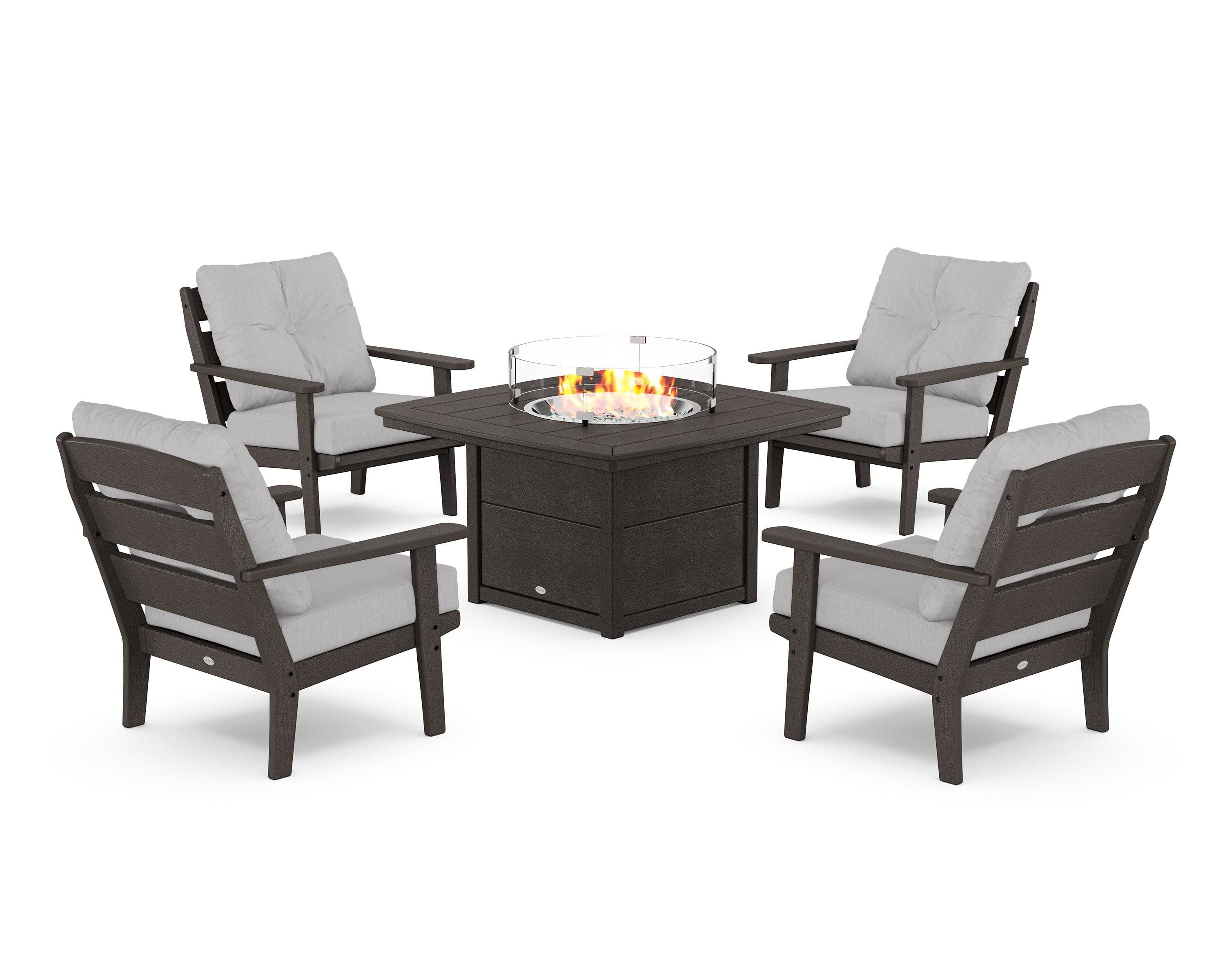 Lakeside 5-Piece Deep Seating Set with Nautical Fire Pit Table in Vintage Coffee / Granite