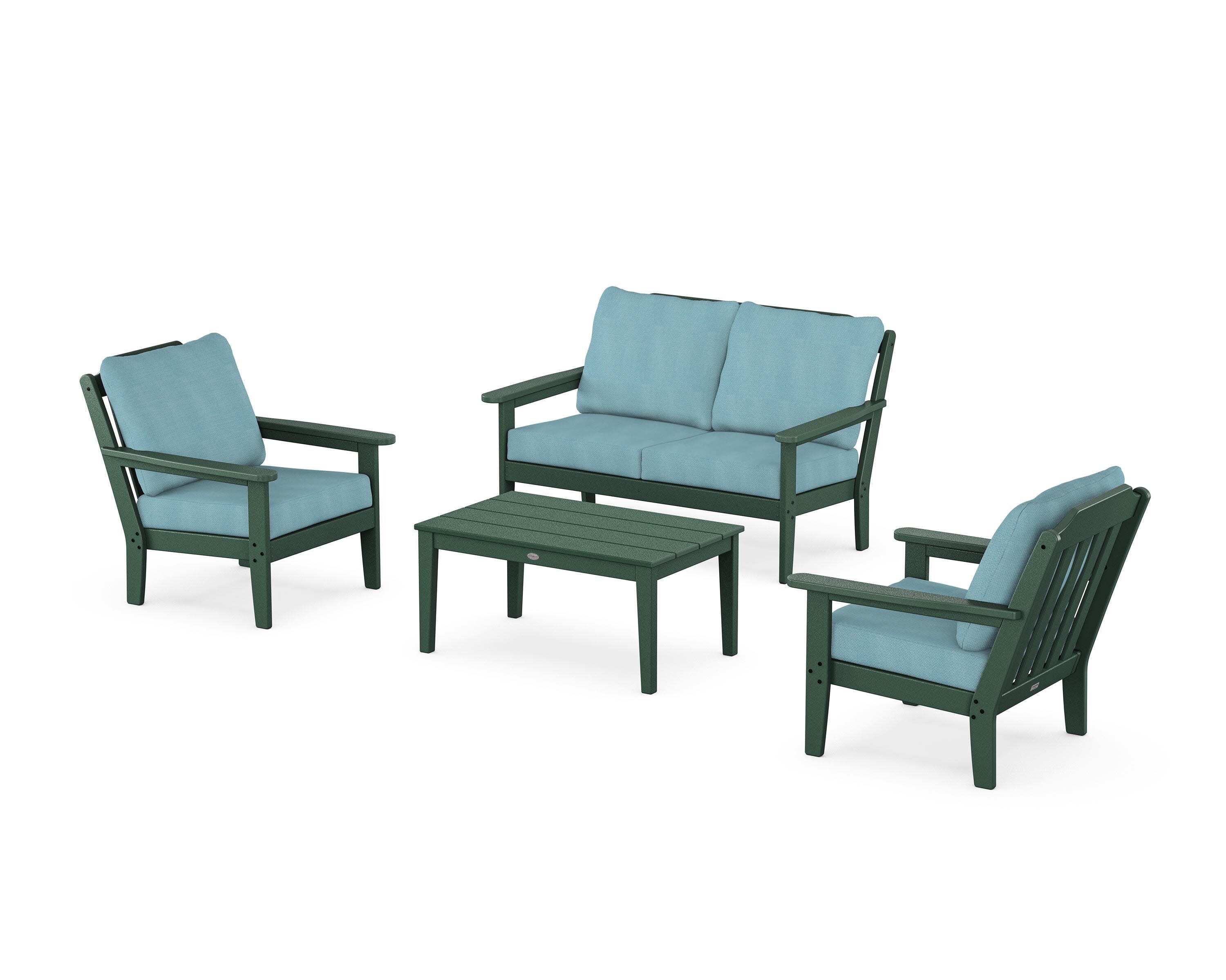 Cottage 4-Piece Deep Seating Set with Loveseat in Green / Lattice Sky Blue