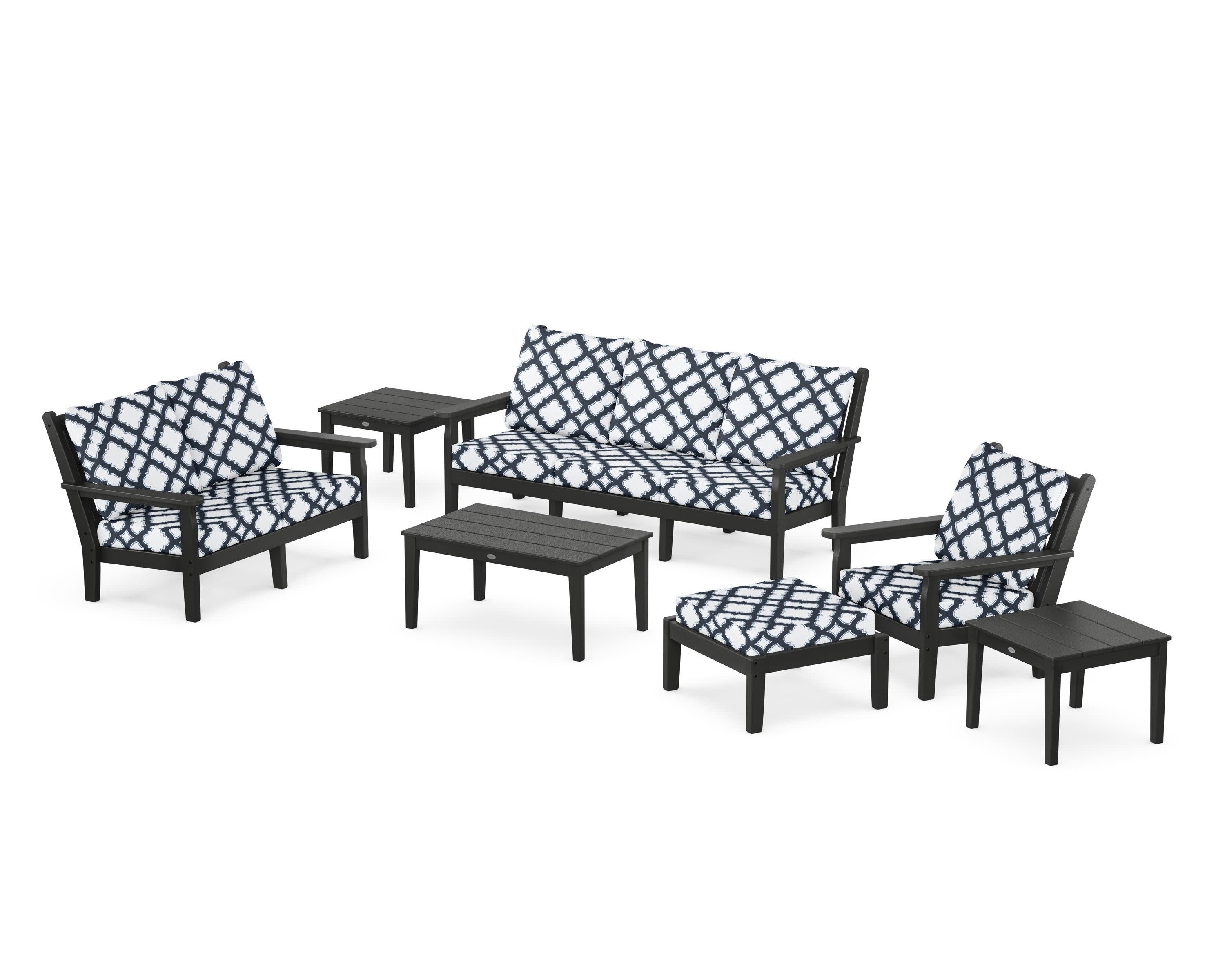 Chippendale 7-Piece Deep Seating Set in Black / Trellis Marine Indigo