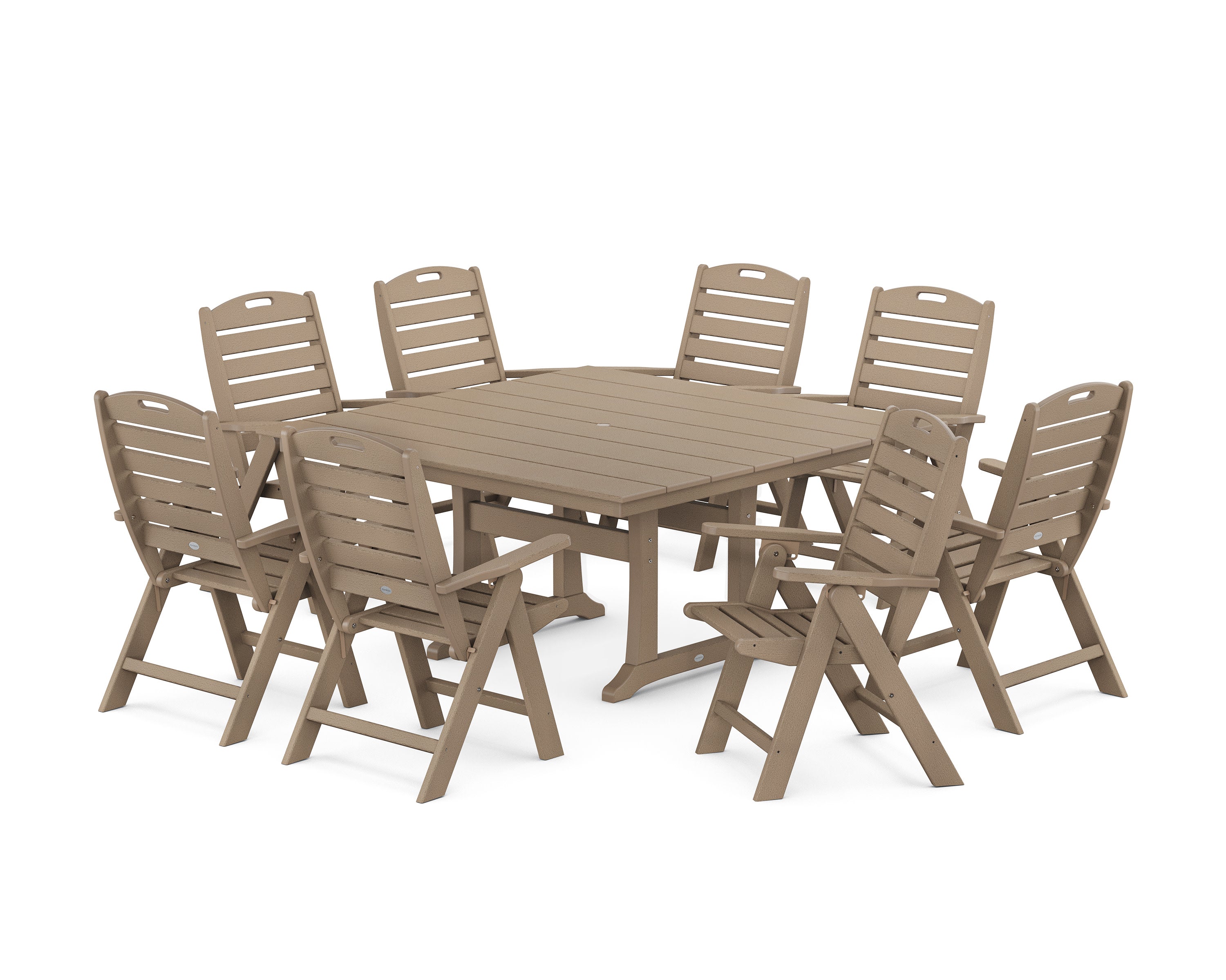Nautical Highback 9-Piece Square Farmhouse Dining Set with Trestle Legs in Vintage Sahara