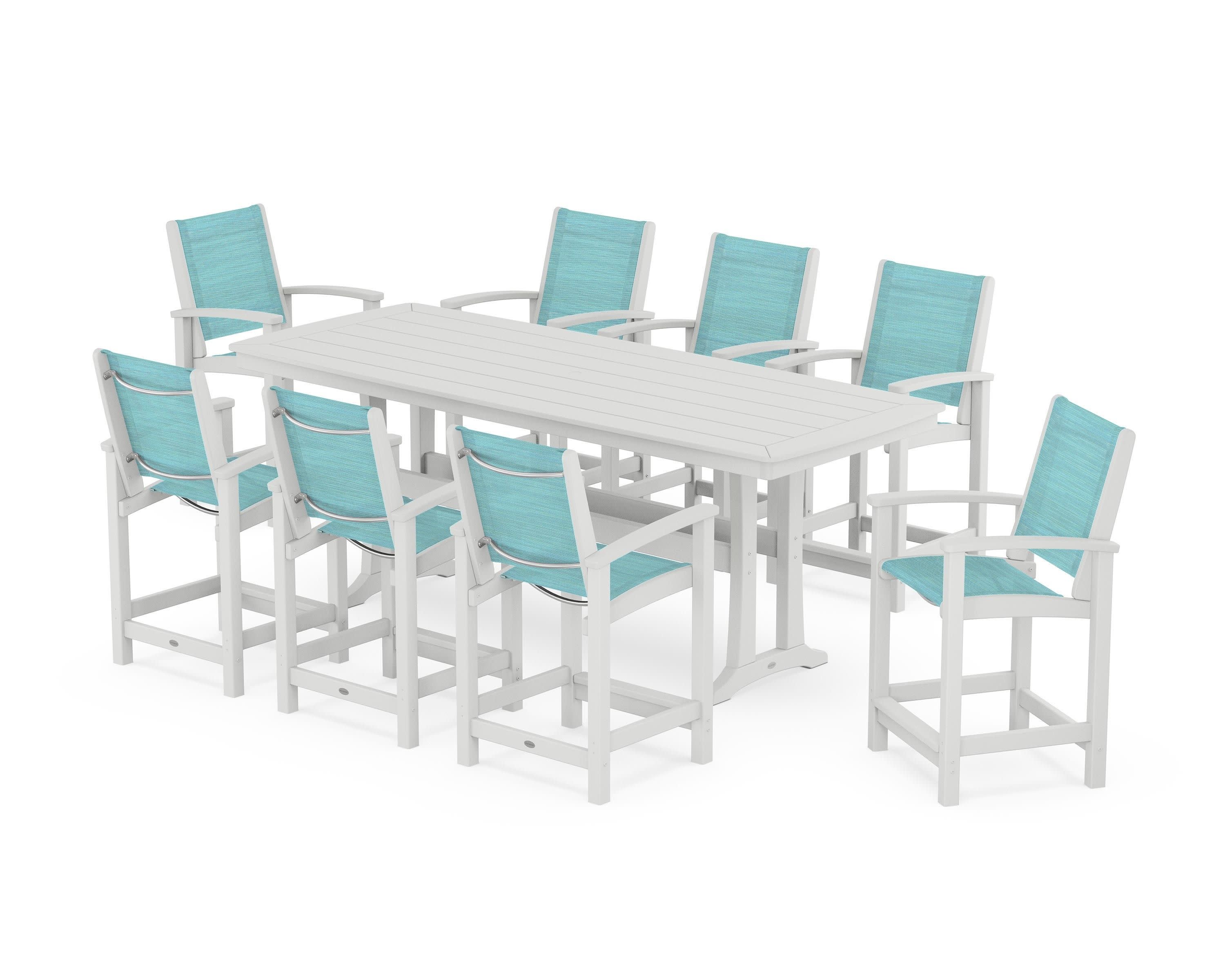 Coastal 9-Piece Counter Set with Trestle Legs in White / Dupioni Aquamarine Sling