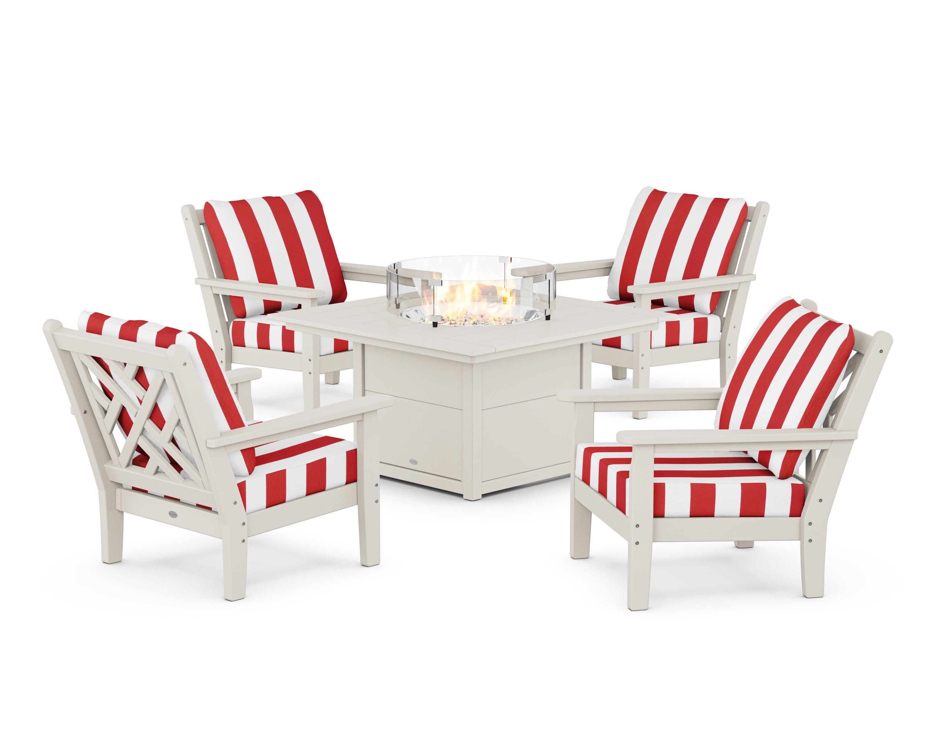 Chippendale 5-Piece Deep Seating Set with Fire Pit Table in Sand / Cabana Stripe Crimson