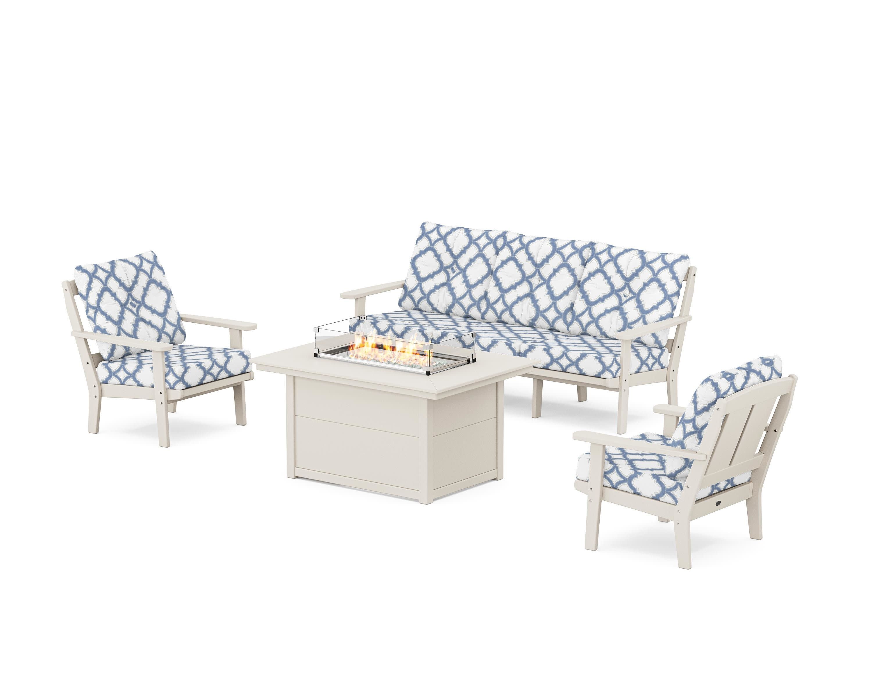 Mission Deep Seating Fire Pit Table Set in Sand / Trellis Sky Blue