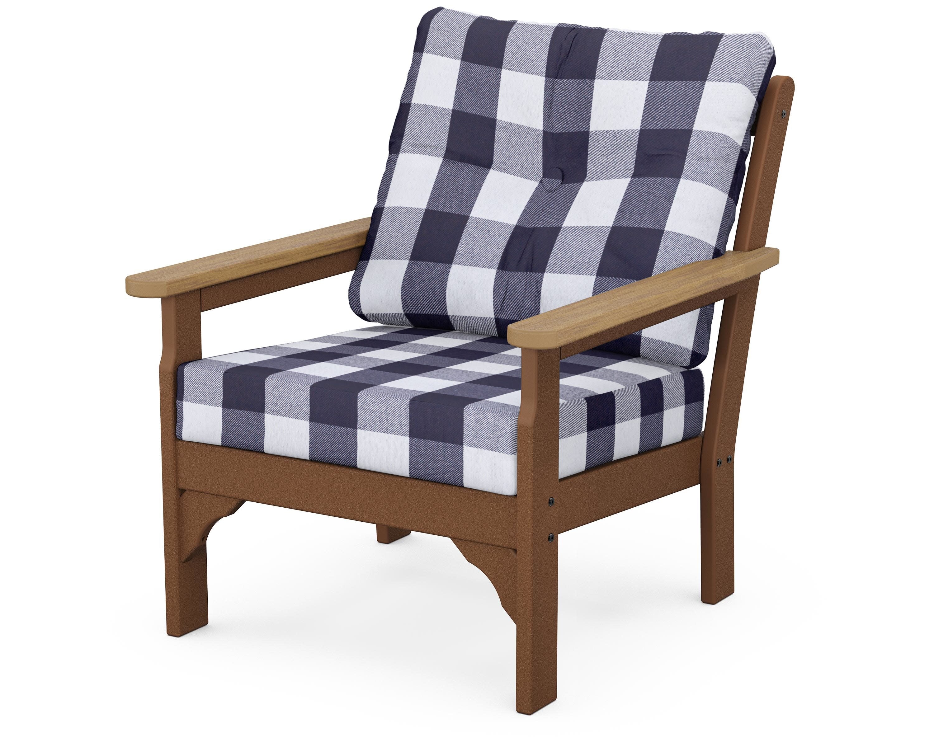 Vineyard Deep Seating Chair in Teak / Natural / Buffalo Plaid Navy