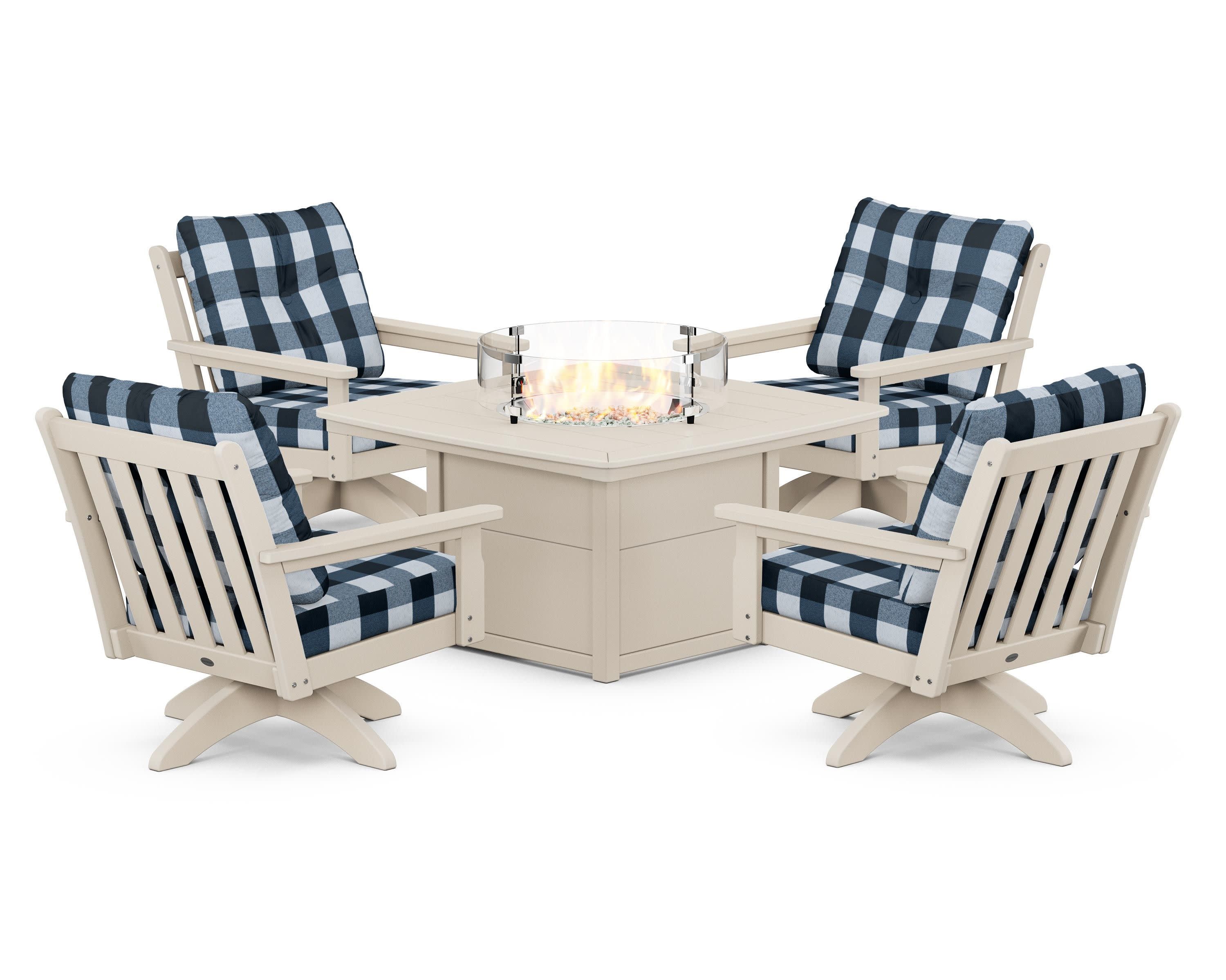 Vineyard 5-Piece Deep Seating Swivel Conversation Set with Fire Pit Table in Sand / Buffalo Plaid Marine Indigo