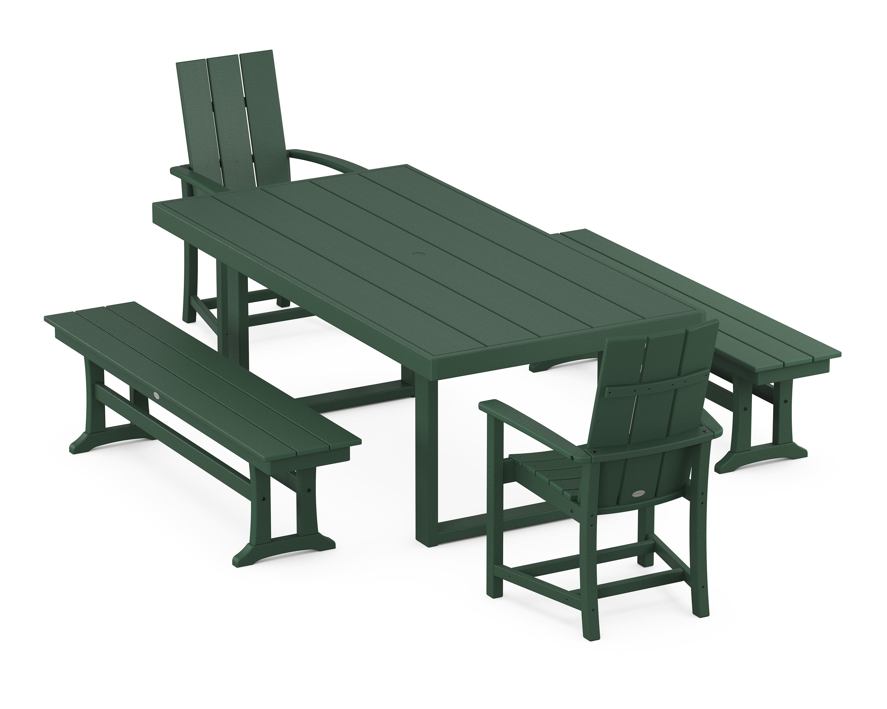 Modern Adirondack 5-Piece Dining Set with Benches in Green