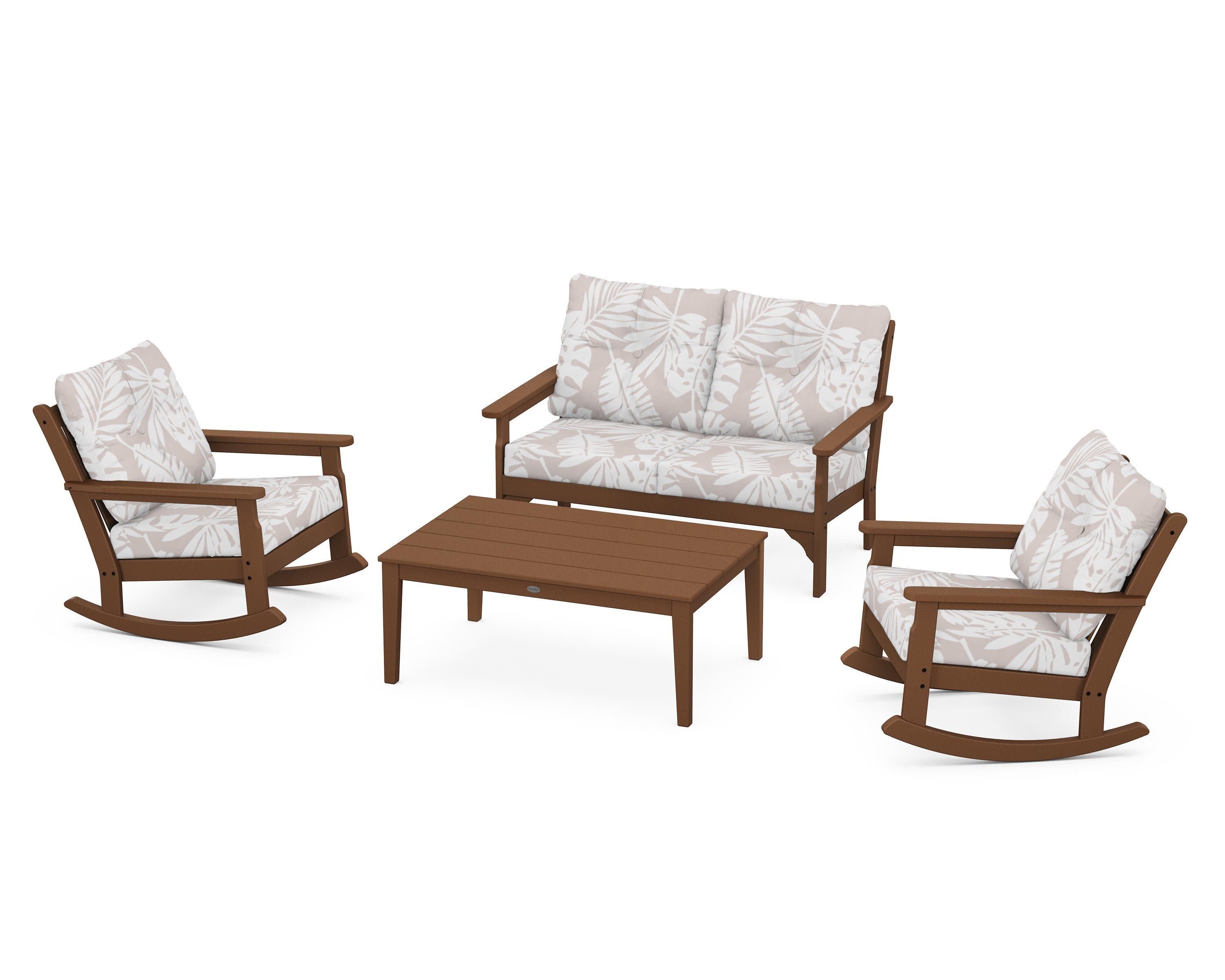 Vineyard 4-Piece Deep Seating Rocking Chair Set in Teak / Leaf Dune Burlap