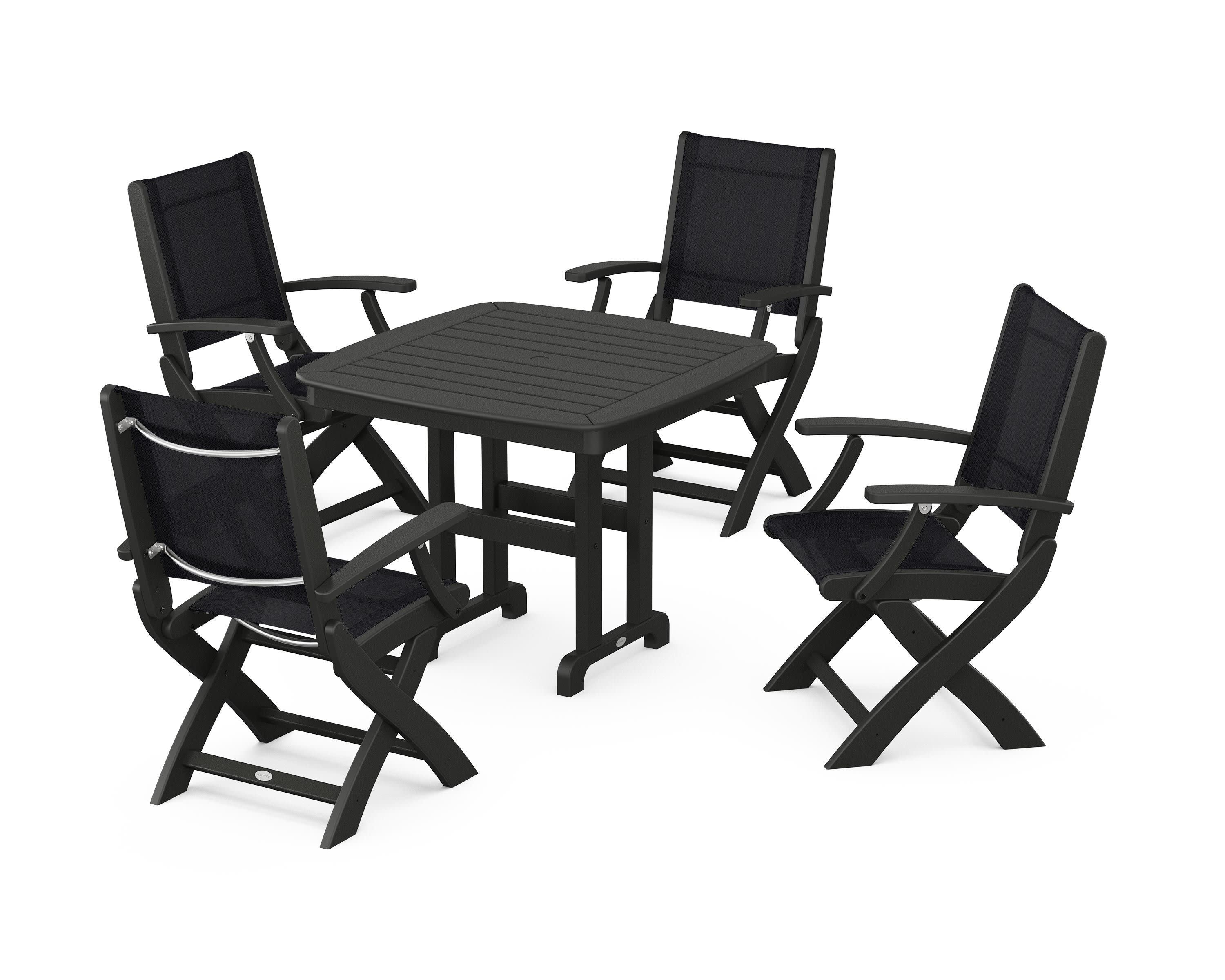 Coastal Folding Chair 5-Piece Dining Set in Black / Black Sling
