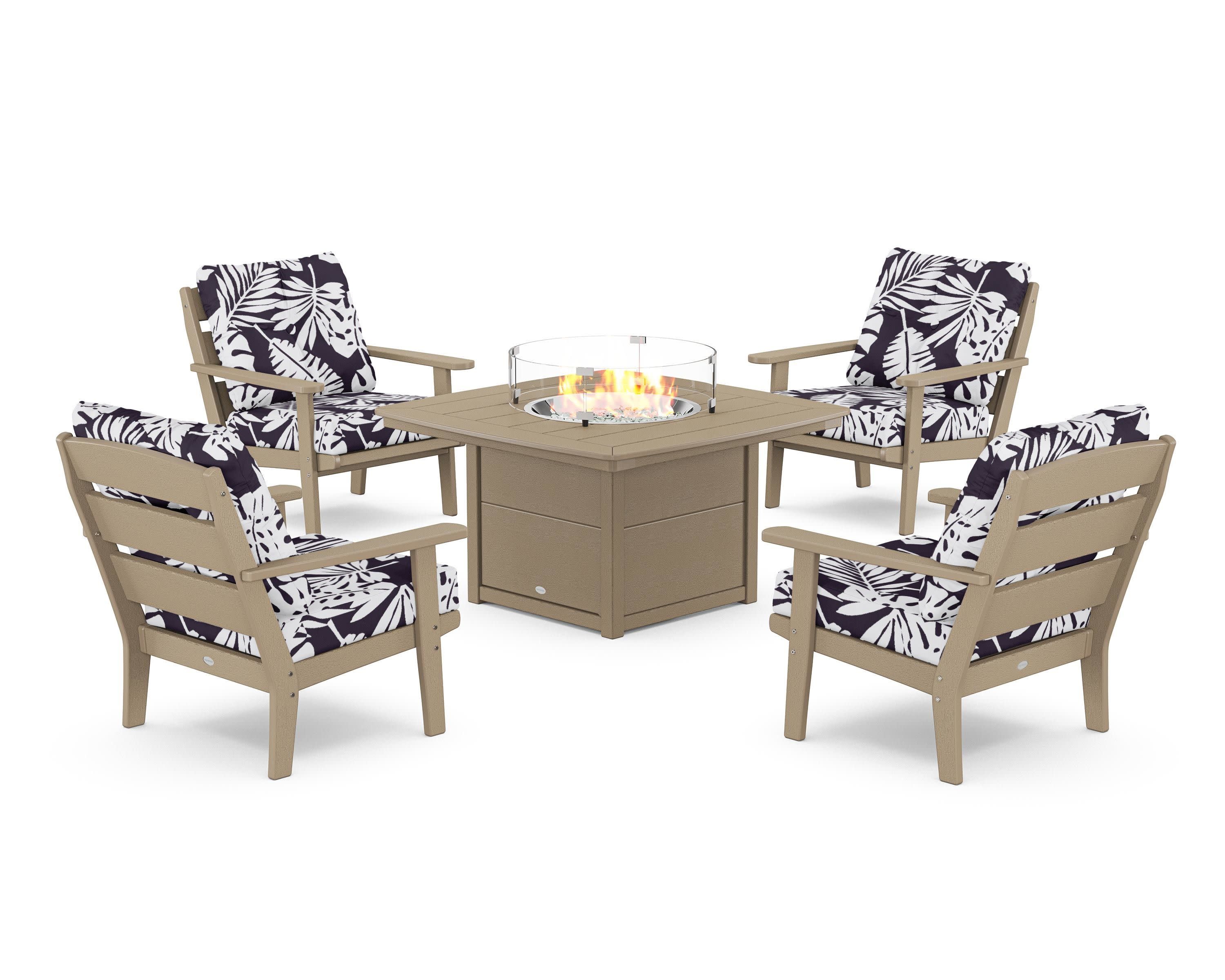 Lakeside 5-Piece Deep Seating Set with Nautical Fire Pit Table in Vintage Sahara / Leaf Navy