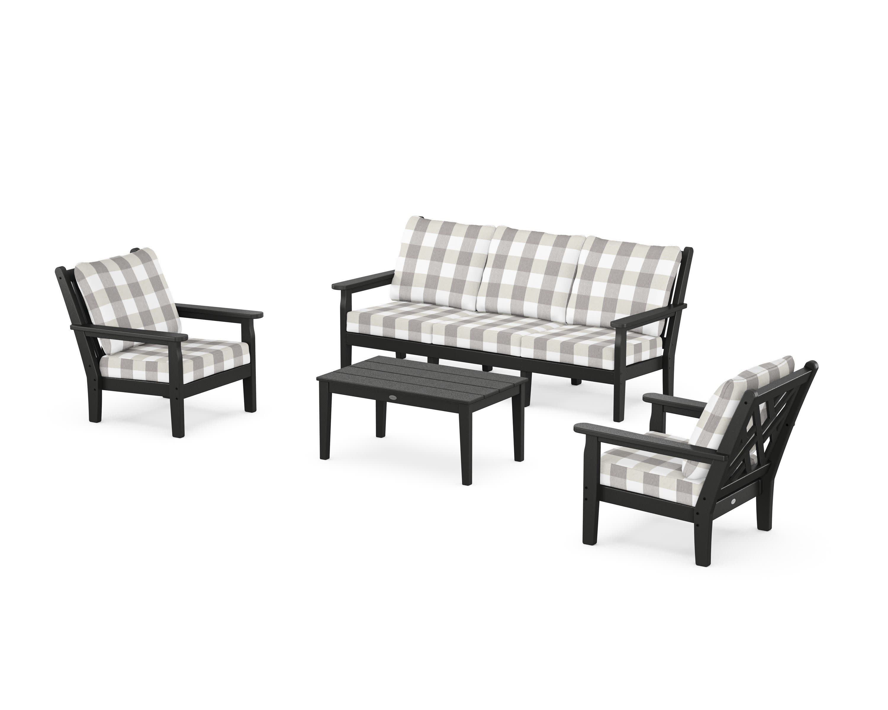 Chippendale 4-Piece Deep Seating Set with Sofa in Black / Buffalo Plaid Grey Mist