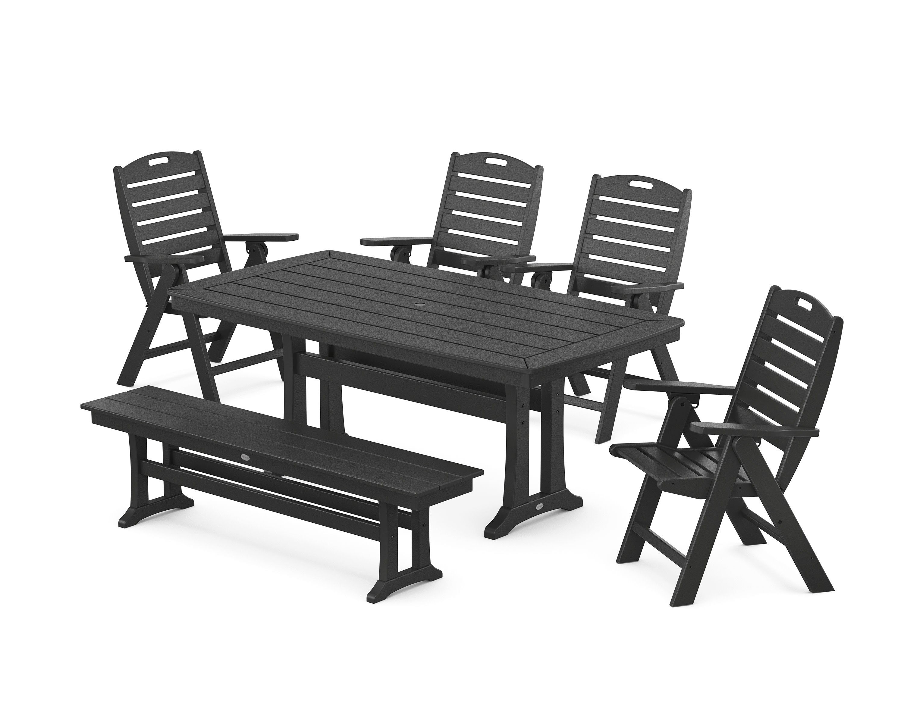 Nautical Highback 6-Piece Dining Set with Trestle Legs and Bench in Black