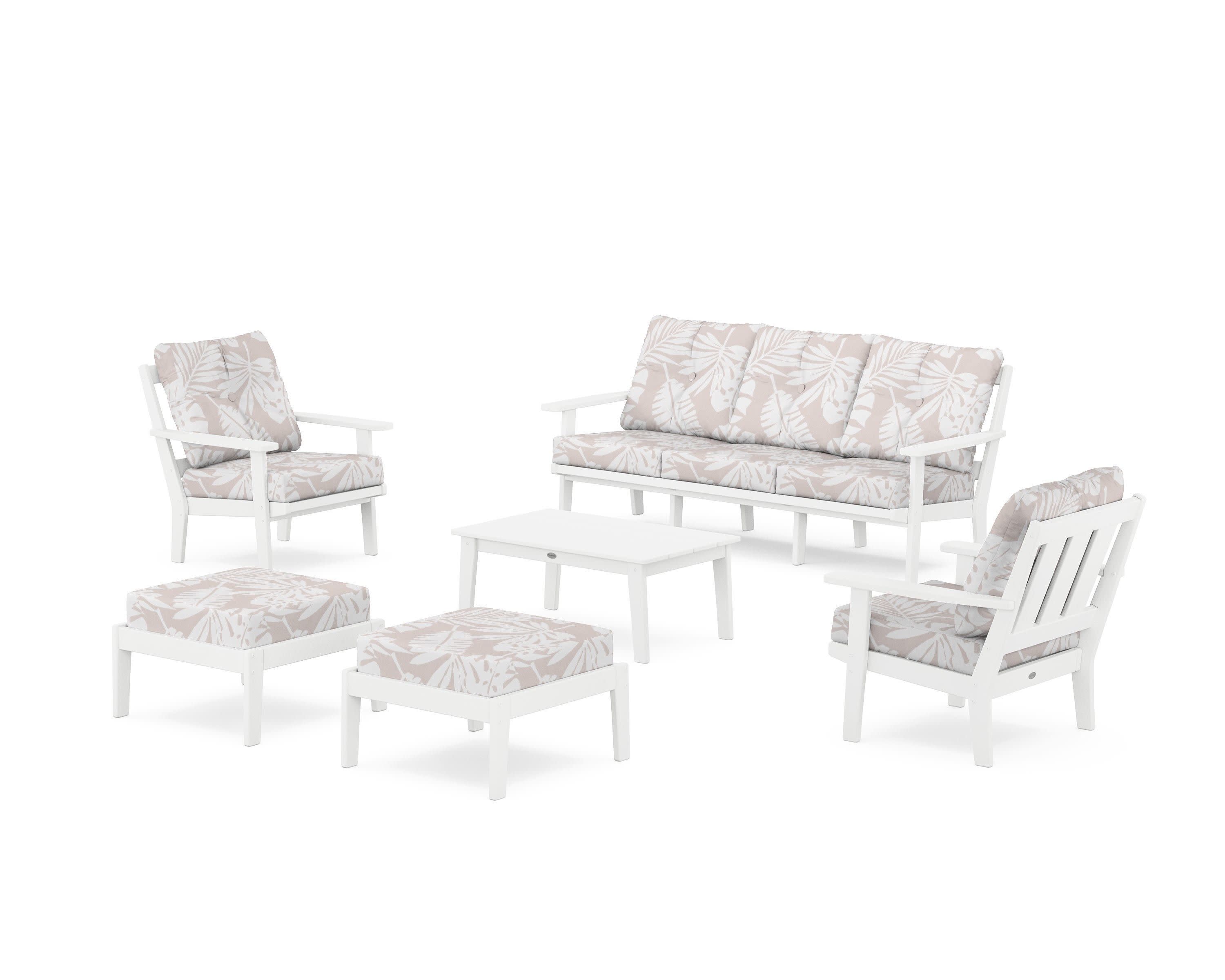 Oxford 6-Piece Lounge Sofa Set in White / Leaf Dune Burlap