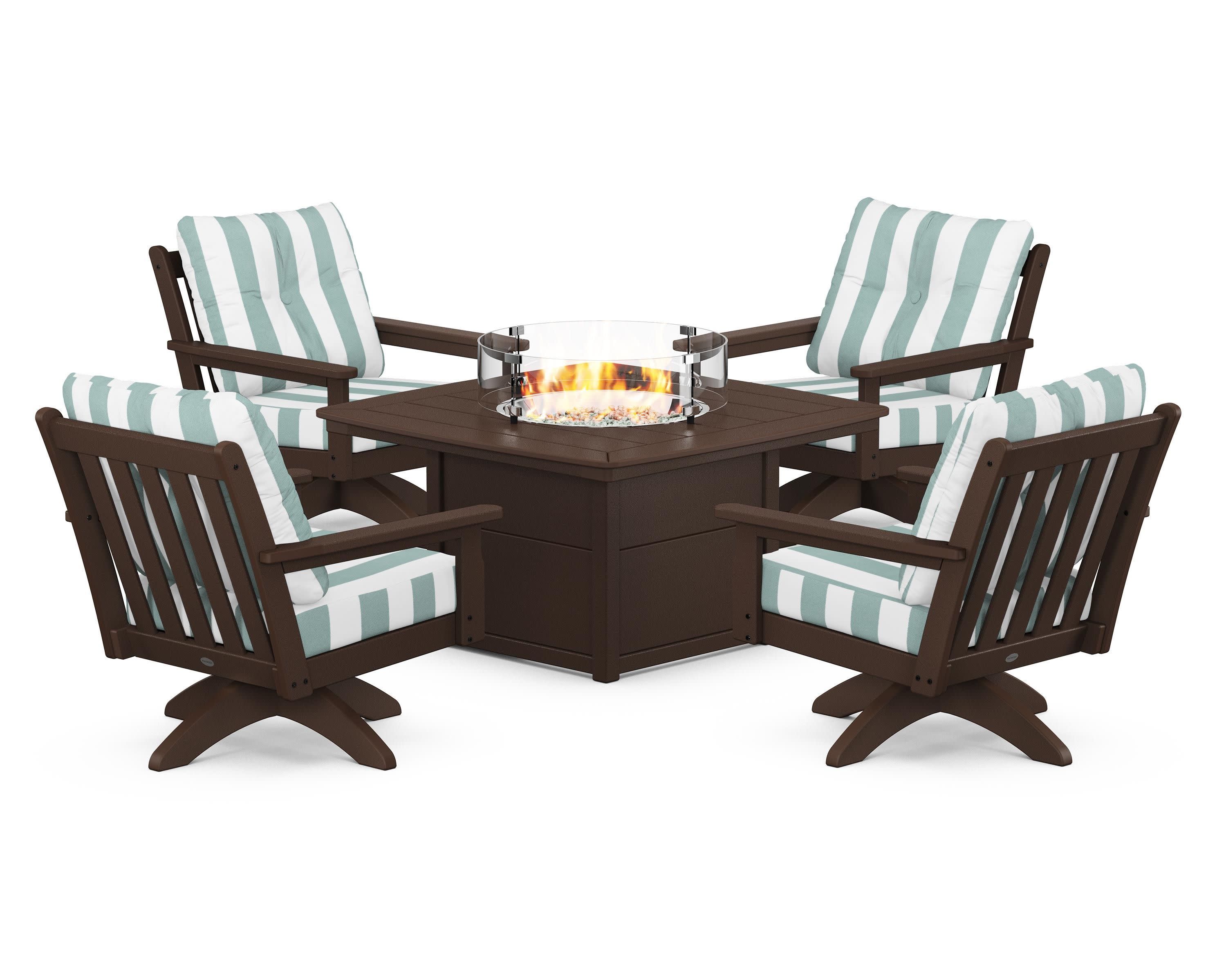 Vineyard 5-Piece Deep Seating Swivel Conversation Set with Fire Pit Table in Mahogany / Cabana Stripe Glacier Spa