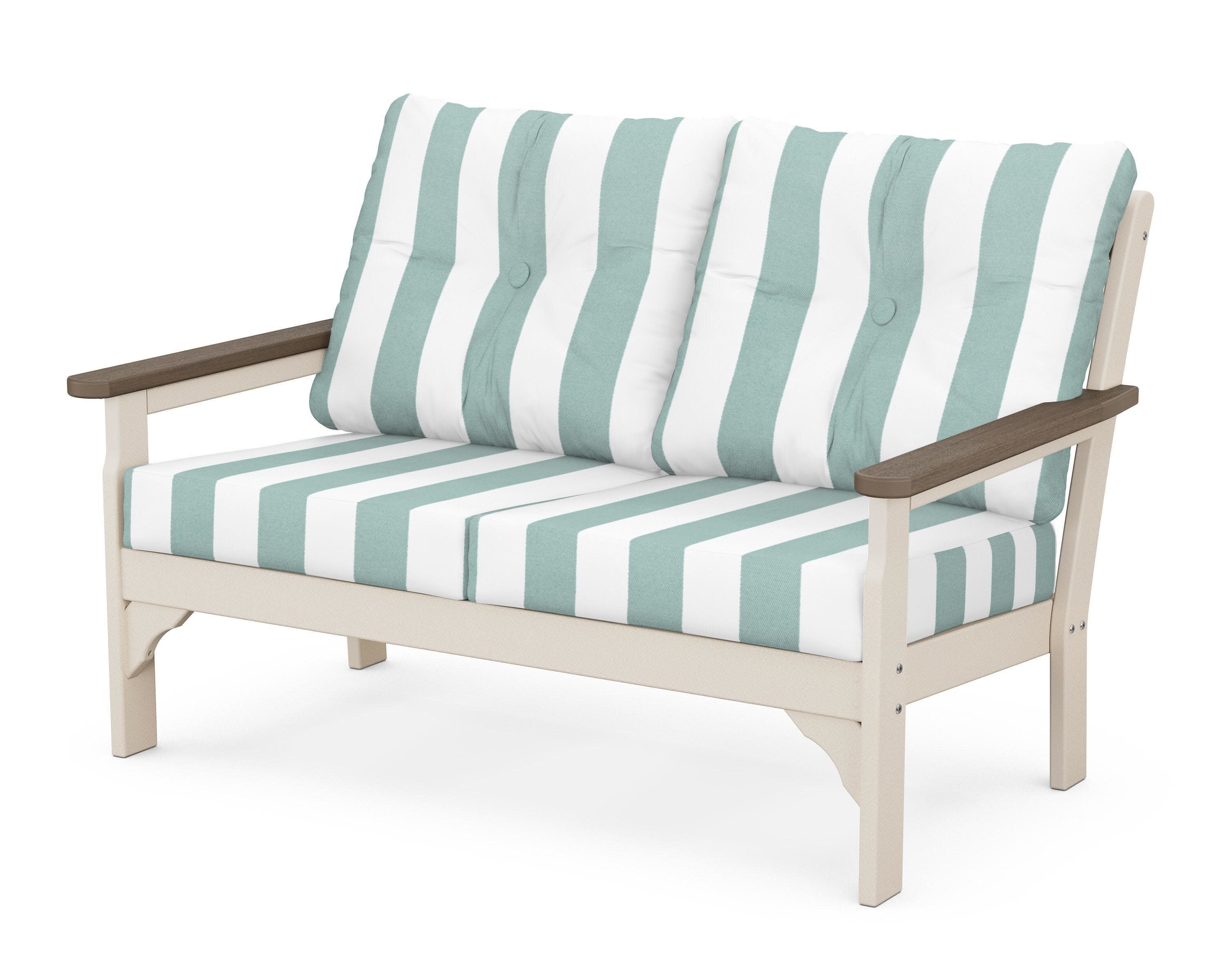 Vineyard Deep Seating Loveseat in Sand / Kona / Cabana Stripe Glacier Spa