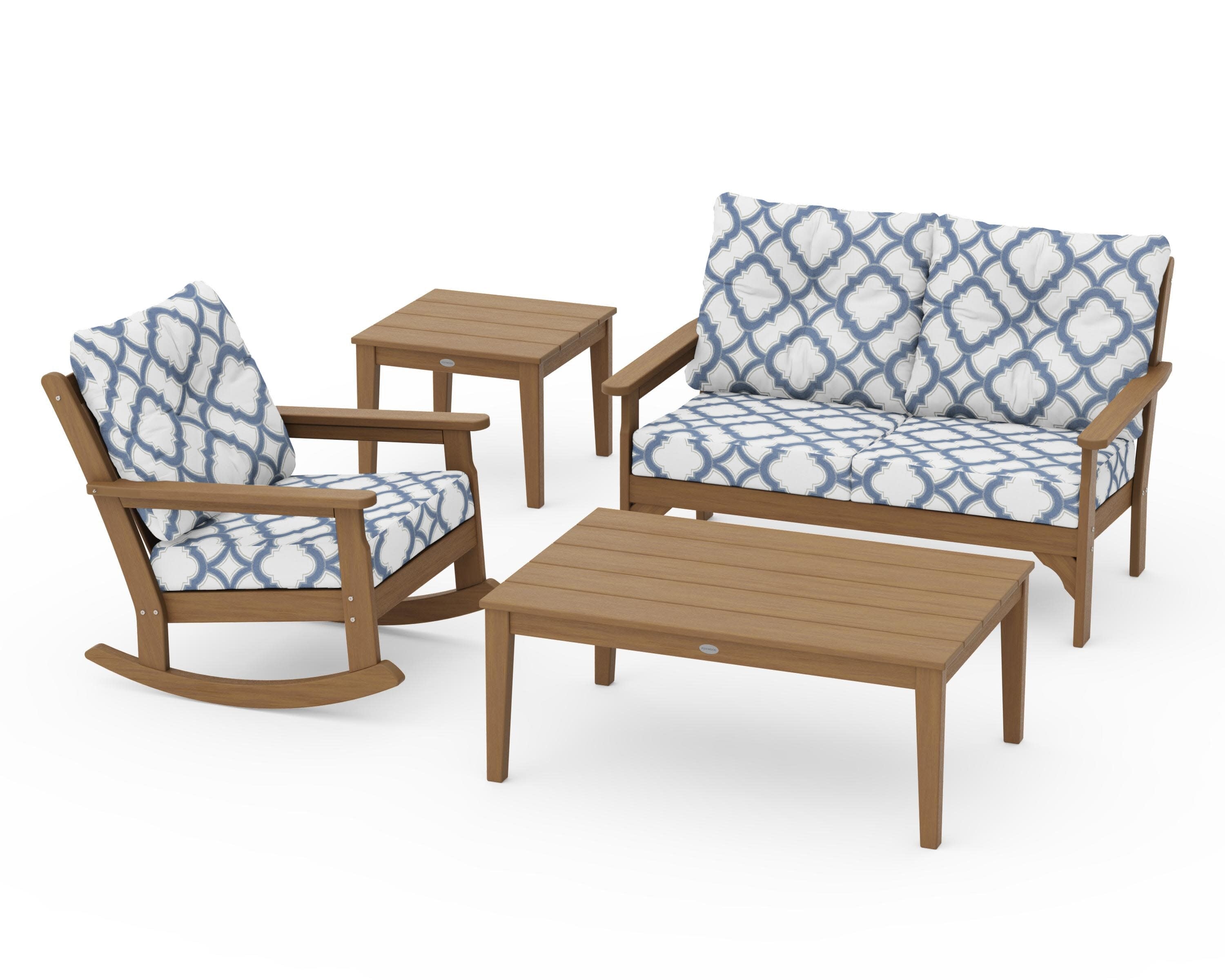 Vineyard 4-Piece Deep Seating Rocker Set in Natural / Trellis Sky Blue