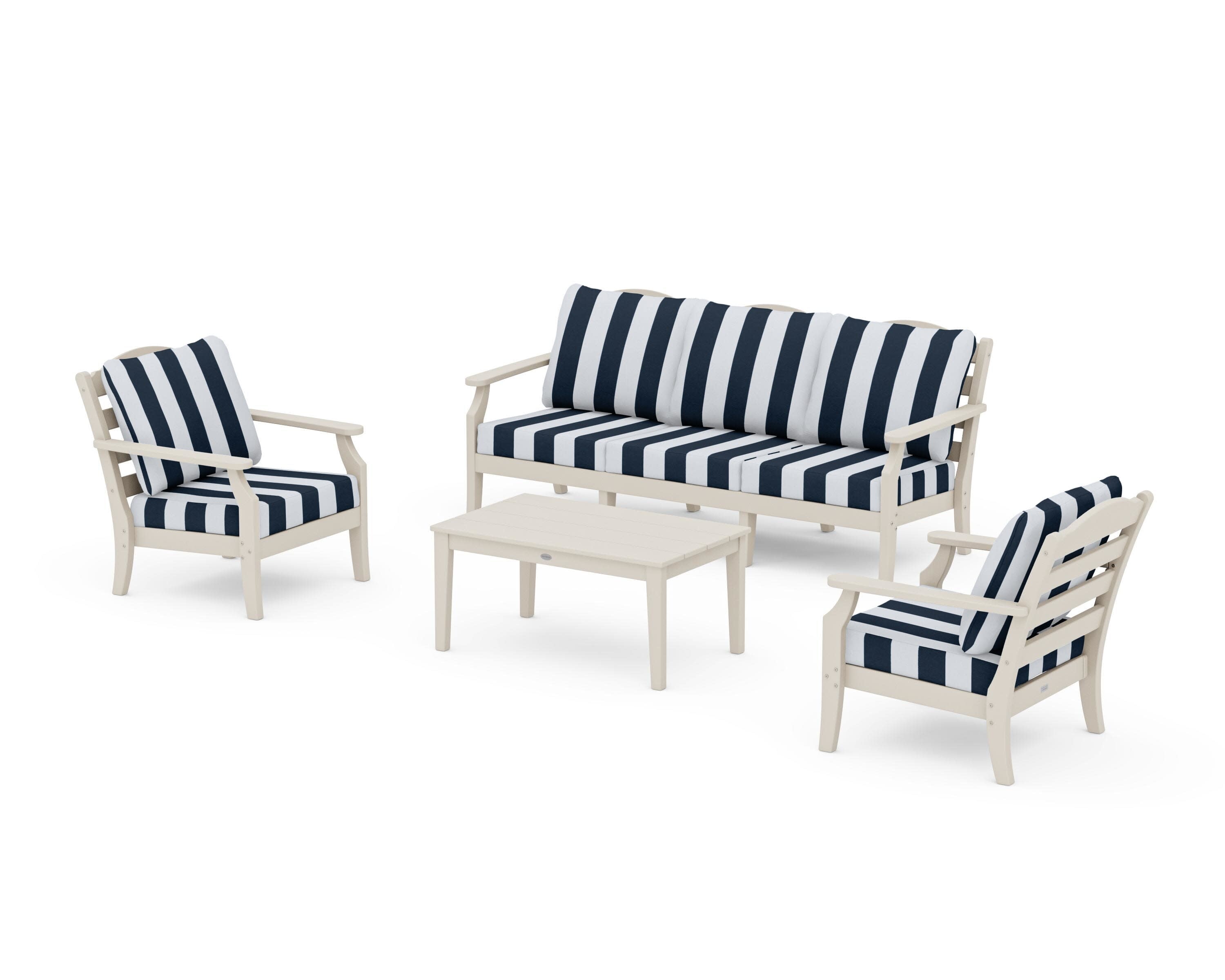 Savannah 4-Piece Deep Seating Set with Sofa in Sand / Cabana Stripe Marine Indigo