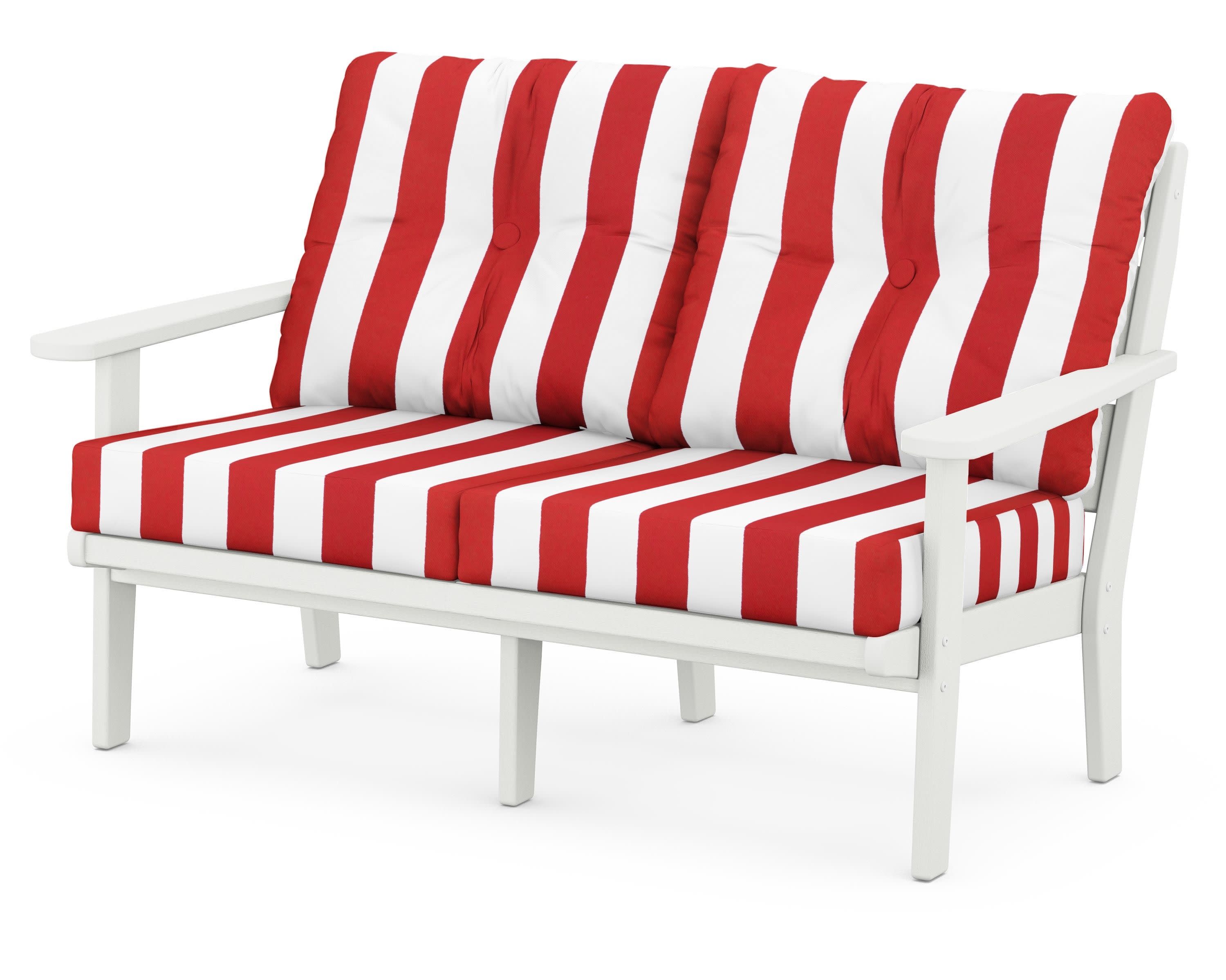 Lakeside Deep Seating Loveseat in Vintage White / Cabana Stripe Crimson