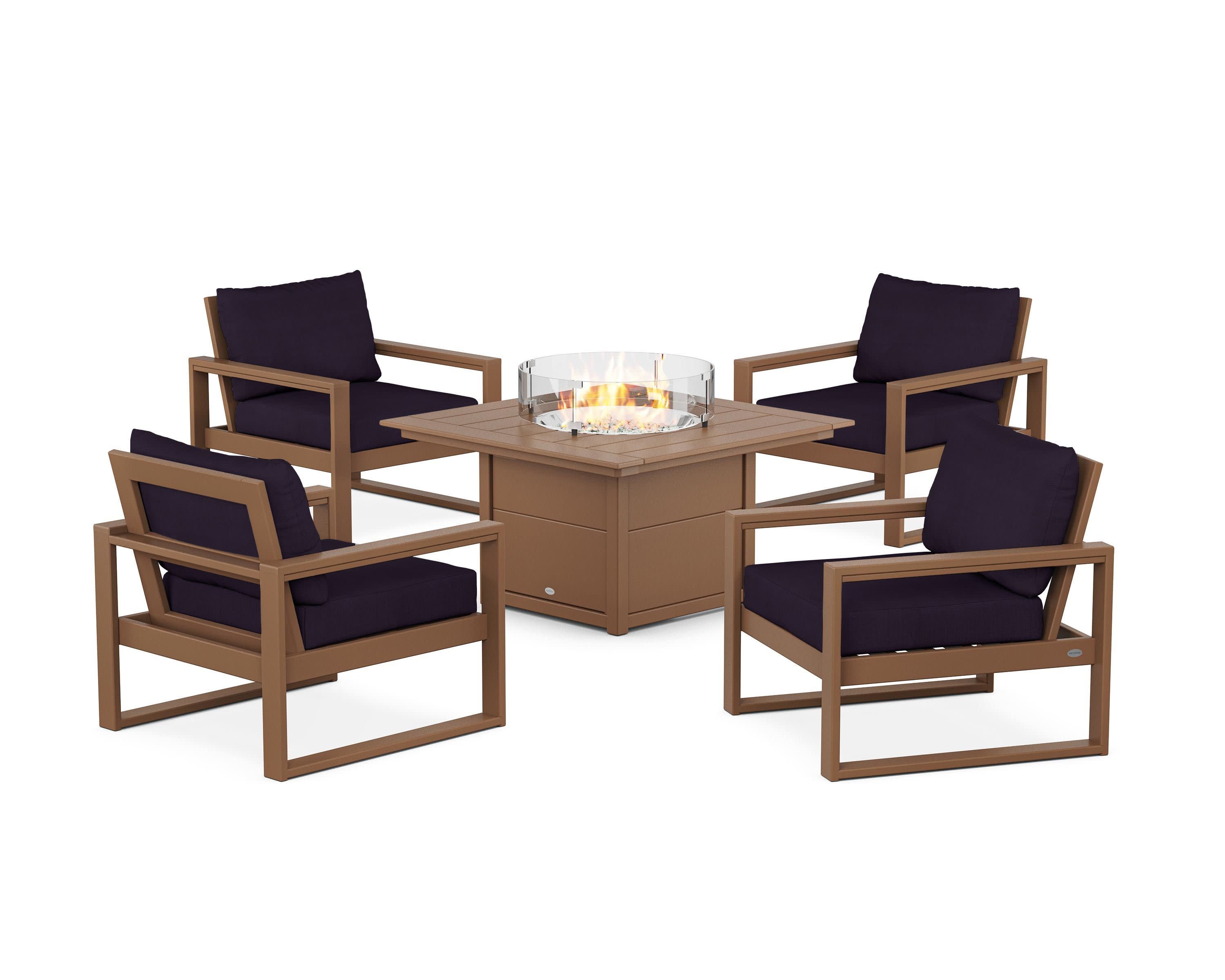 EDGE Sectional 5-Piece Deep Seating Set with Fire Pit Table in Teak / Navy Linen