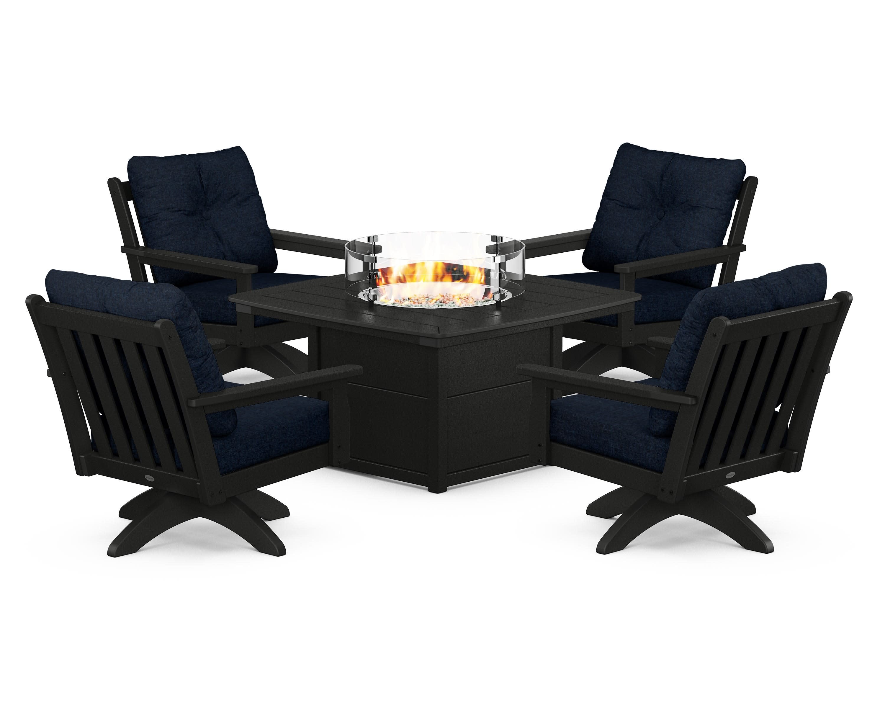 Vineyard 5-Piece Deep Seating Swivel Conversation Set with Fire Pit Table in Black / Marine Indigo