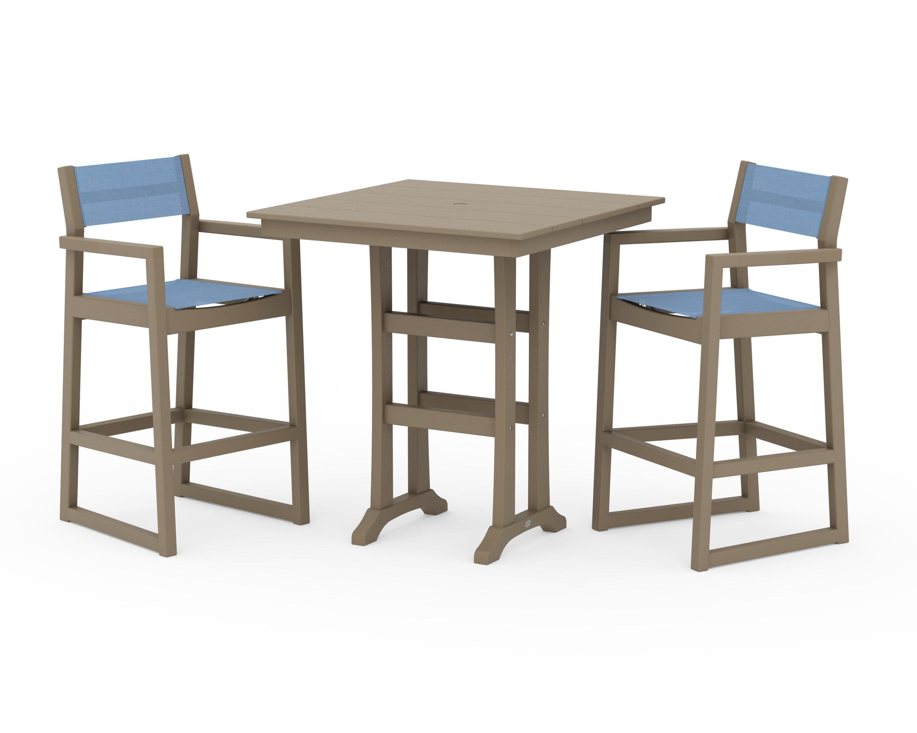 EDGE Sling Arm Chair 3-Piece Farmhouse Bar Set with Trestle Legs in Vintage Sahara / Poolside Sling