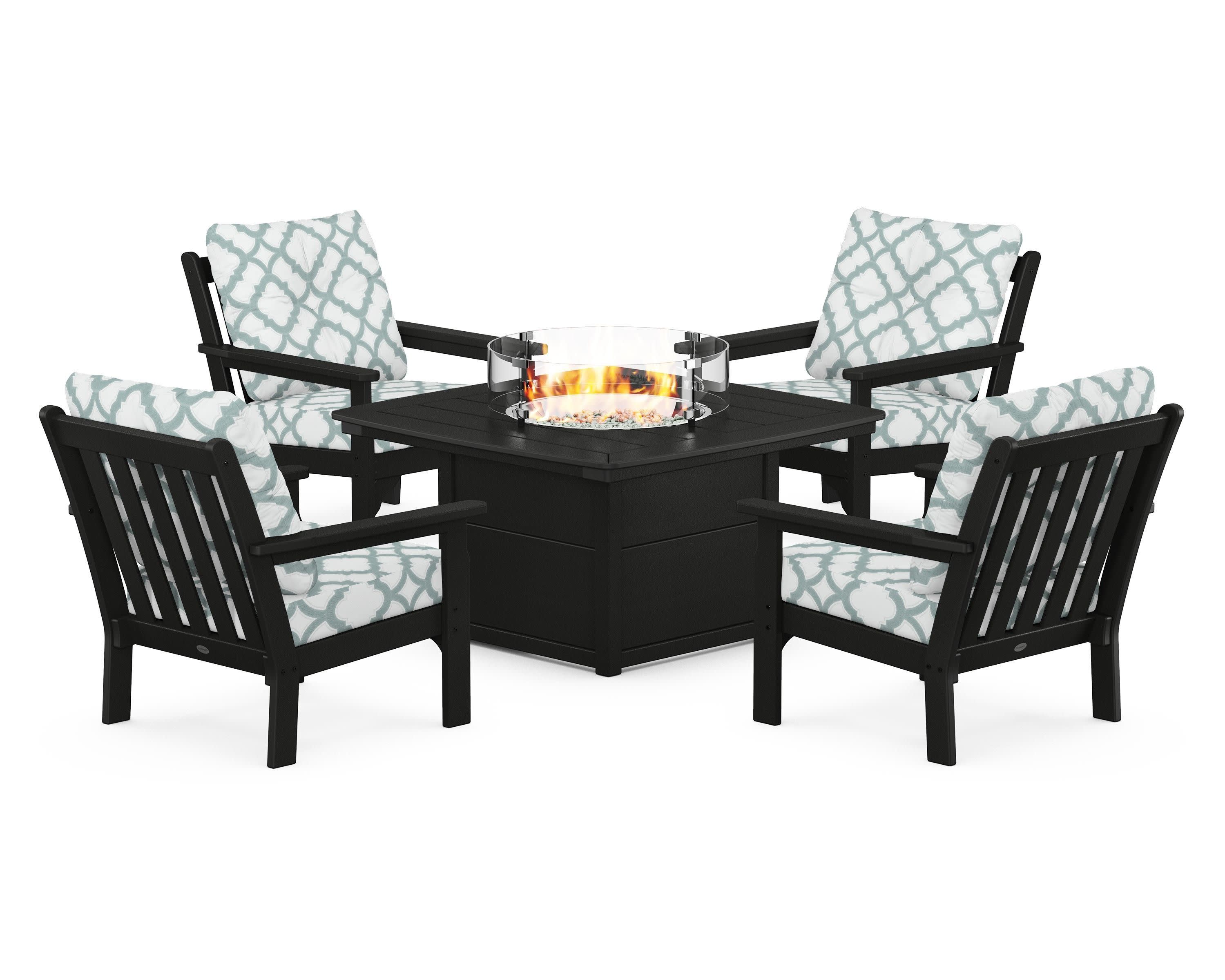 Vineyard 5-Piece Conversation Set with Fire Pit Table in Black / Trellis Glacier Spa