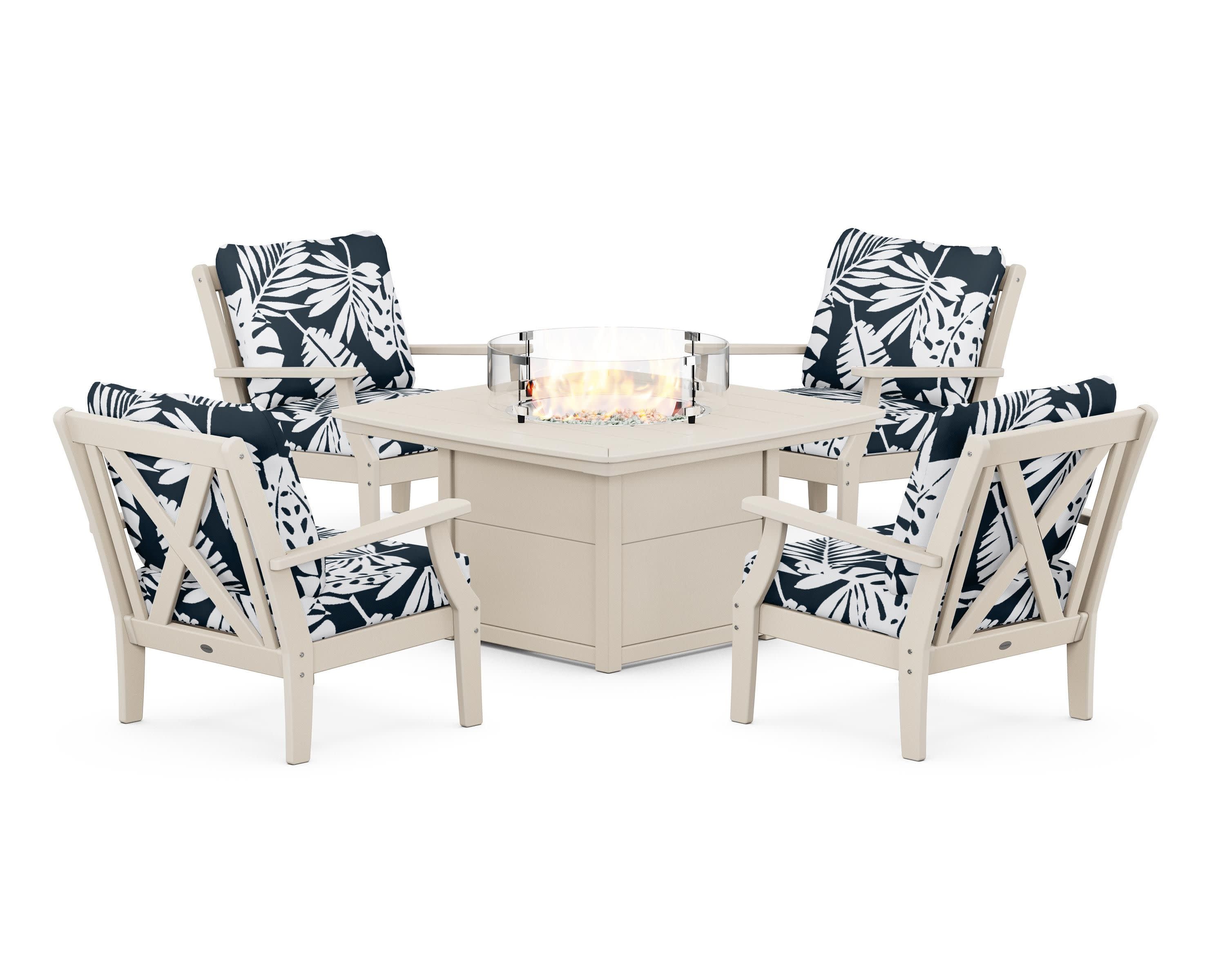 Braxton 5-Piece Deep Seating Conversation Set with Fire Pit Table in Sand / Leaf Marine Indigo