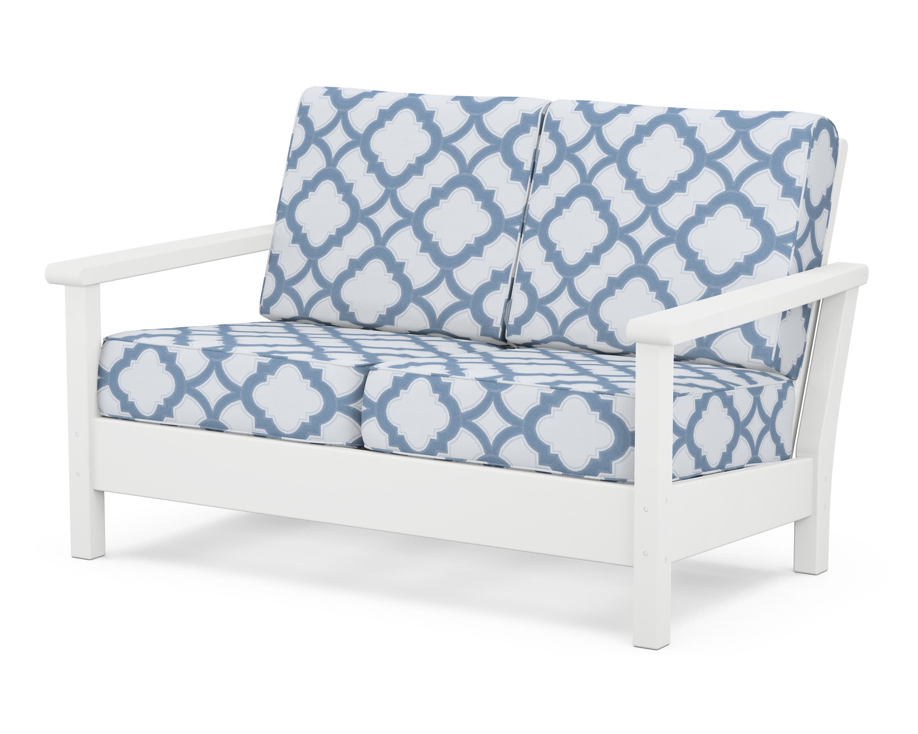 Harbour Deep Seating Loveseat in White / Trellis Sky Blue