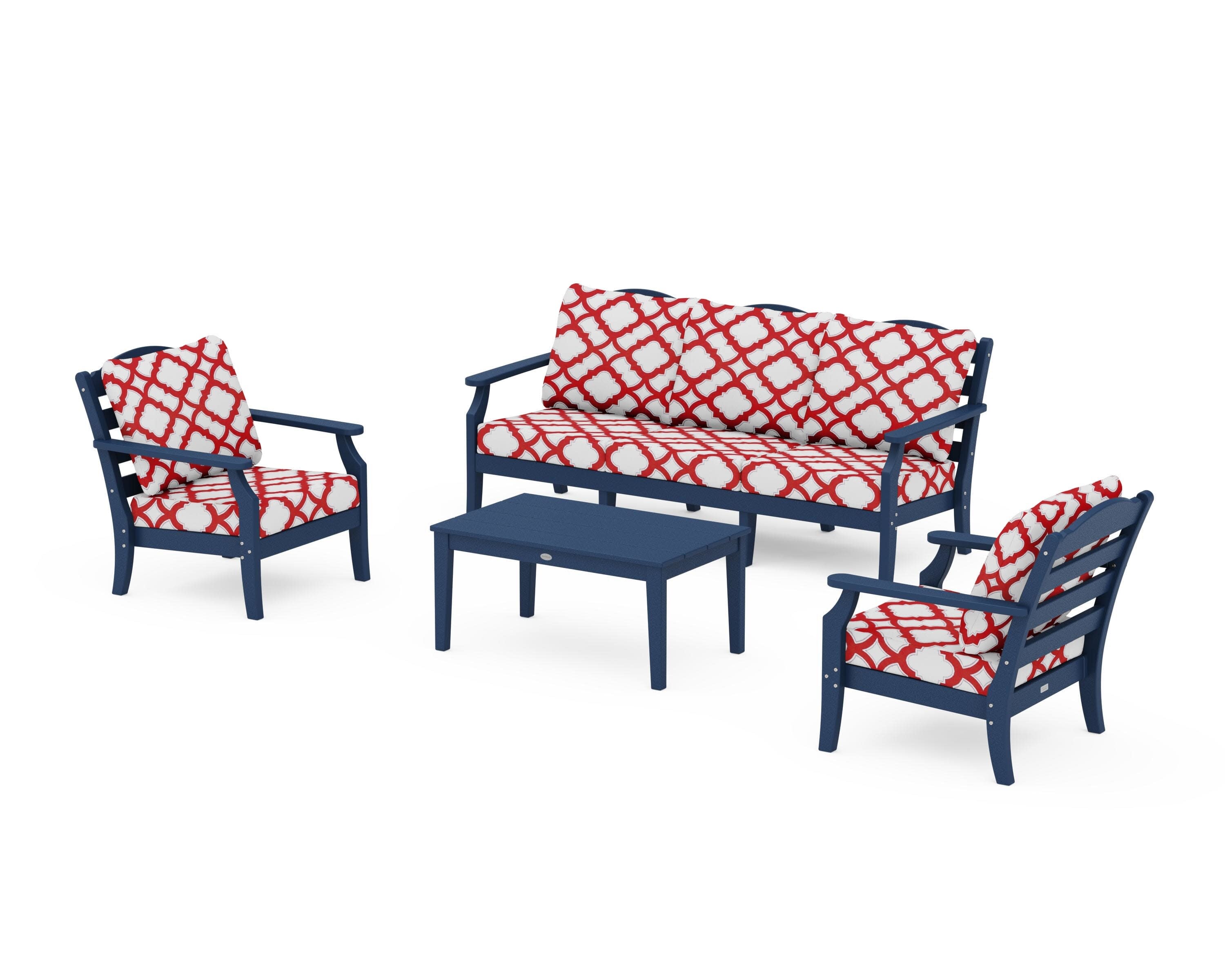 Savannah 4-Piece Deep Seating Set with Sofa in Navy / Trellis Crimson