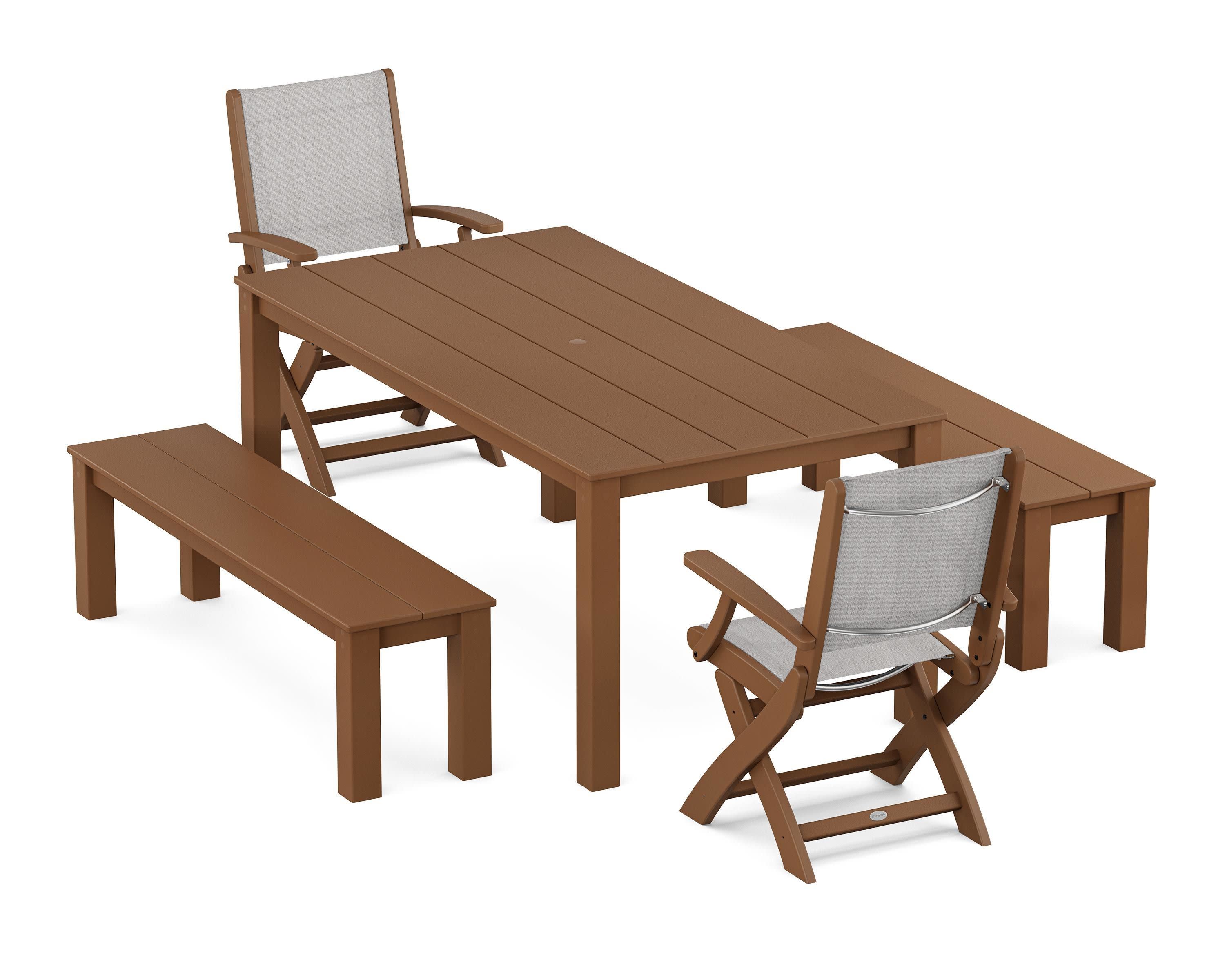 Coastal Folding Chair 5-Piece Parsons Dining Set with Benches in Teak / Parchment Sling