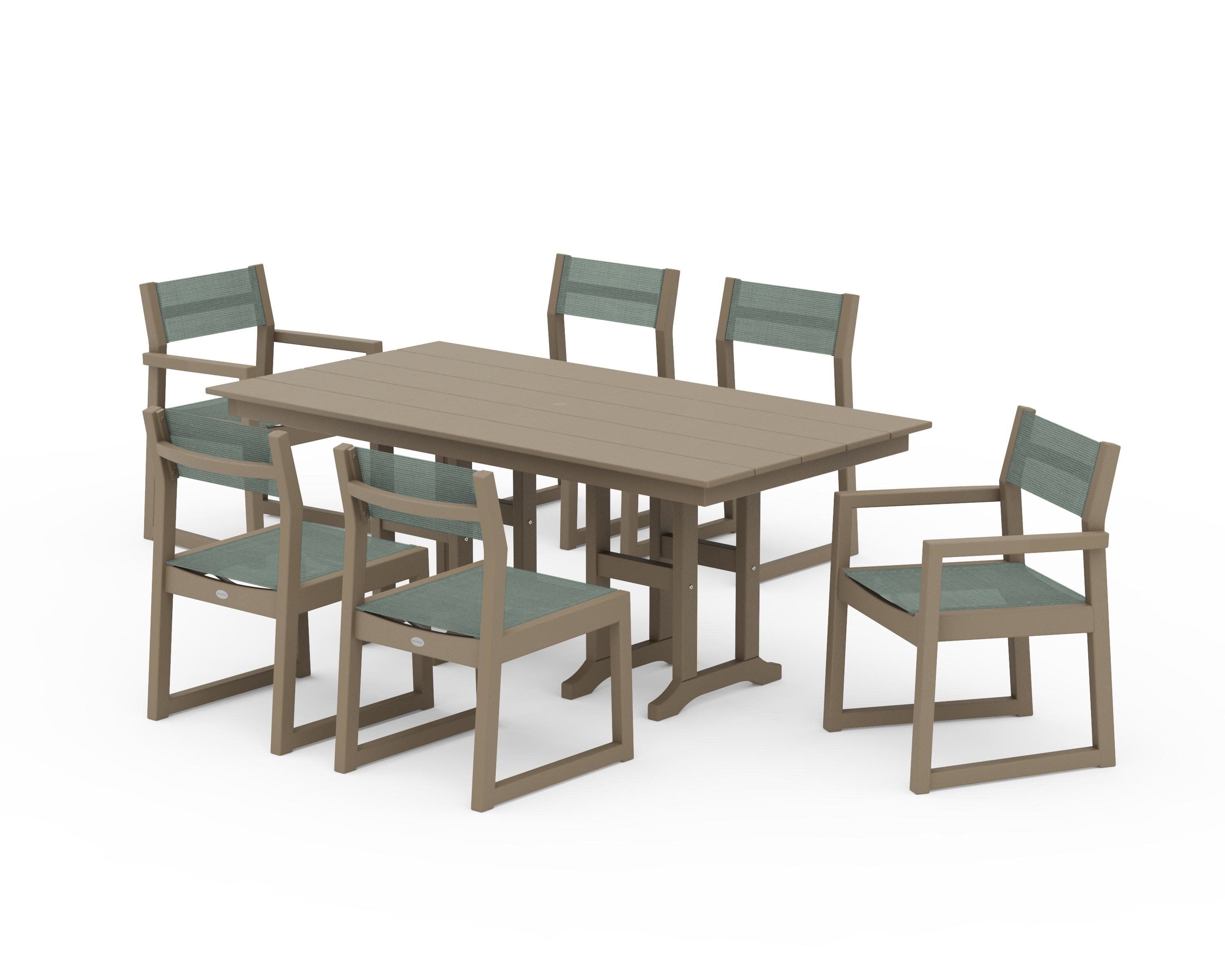 EDGE Sling 7-Piece Farmhouse Dining Set in Vintage Sahara / Dupioni Sea Mist Sling