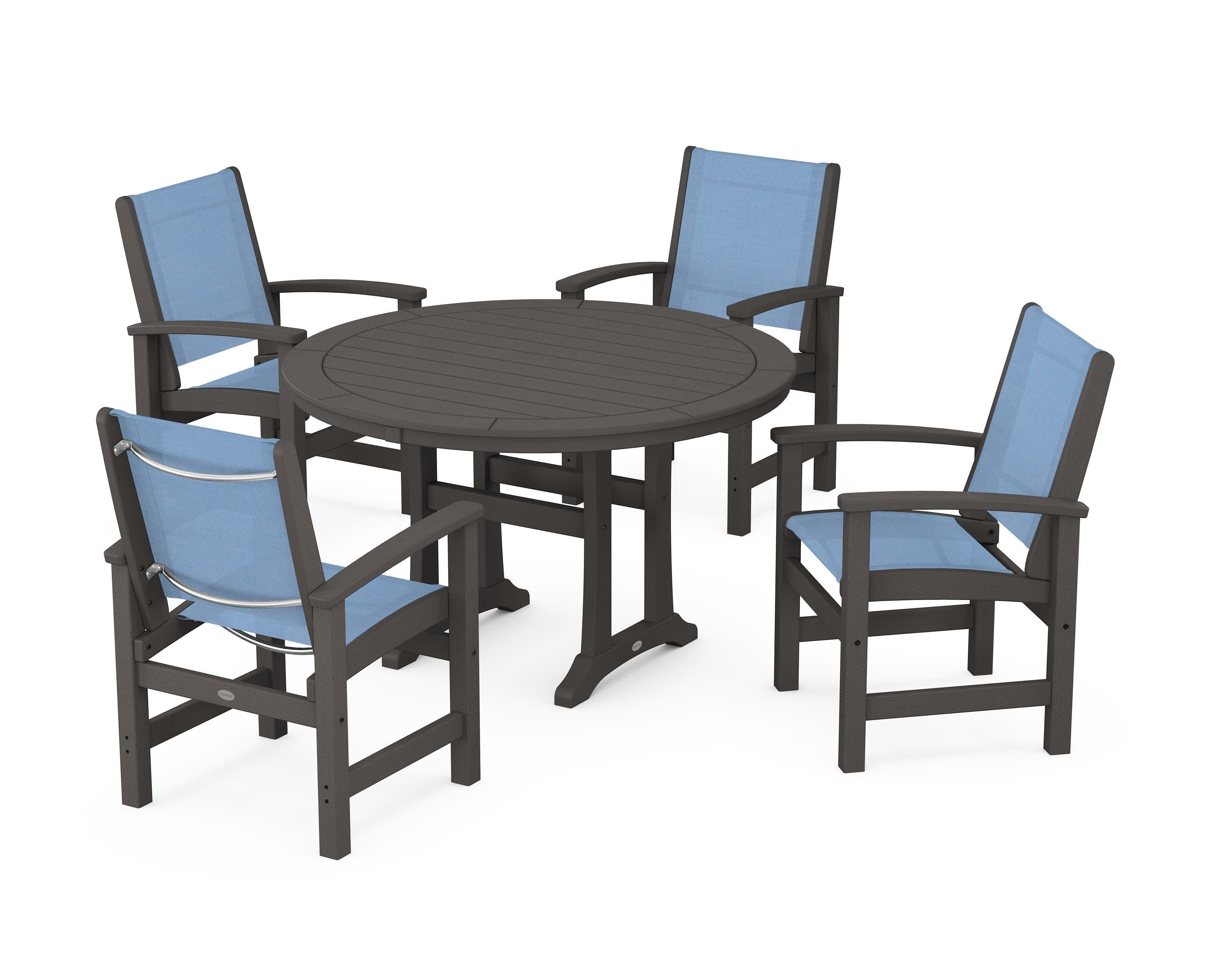 Coastal 5-Piece Round Dining Set with Trestle Legs in Vintage Coffee / Poolside Sling
