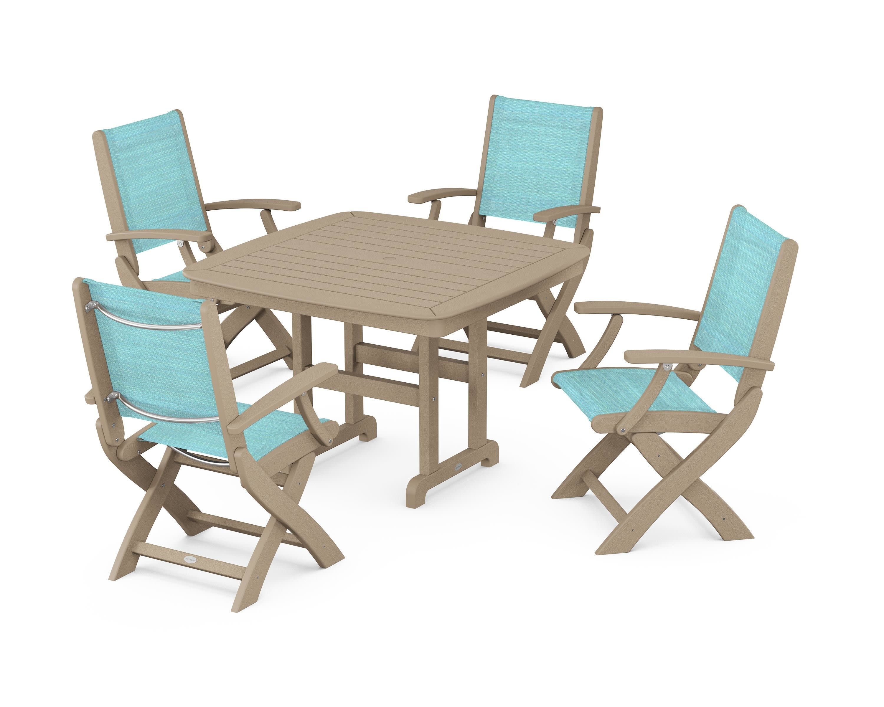 Coastal Folding Chair 5-Piece Dining Set in Vintage Sahara / Dupioni Aquamarine Sling