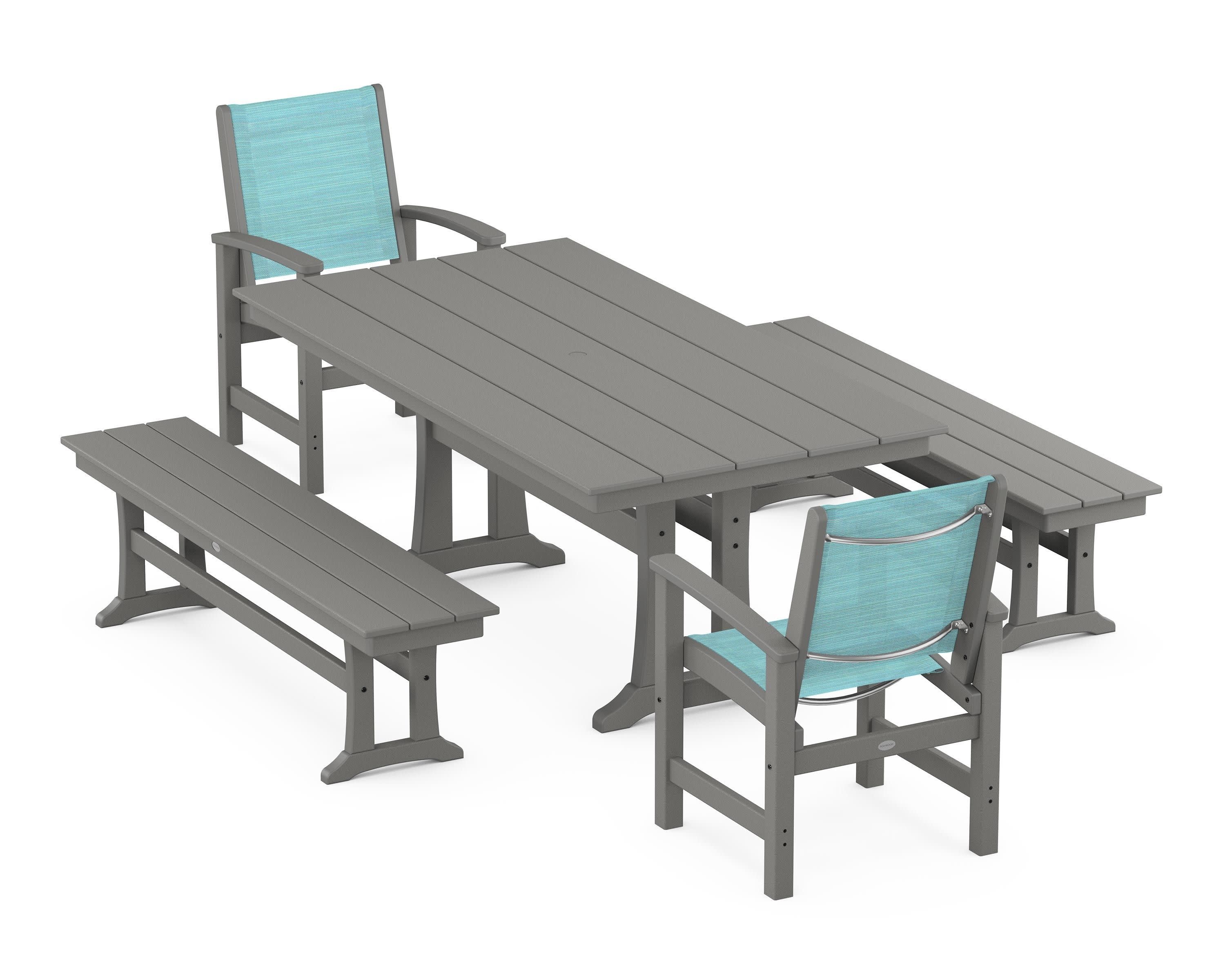 Coastal 5-Piece Farmhouse Dining Set with Trestle Legs and Benches in Slate Grey / Dupioni Aquamarine Sling