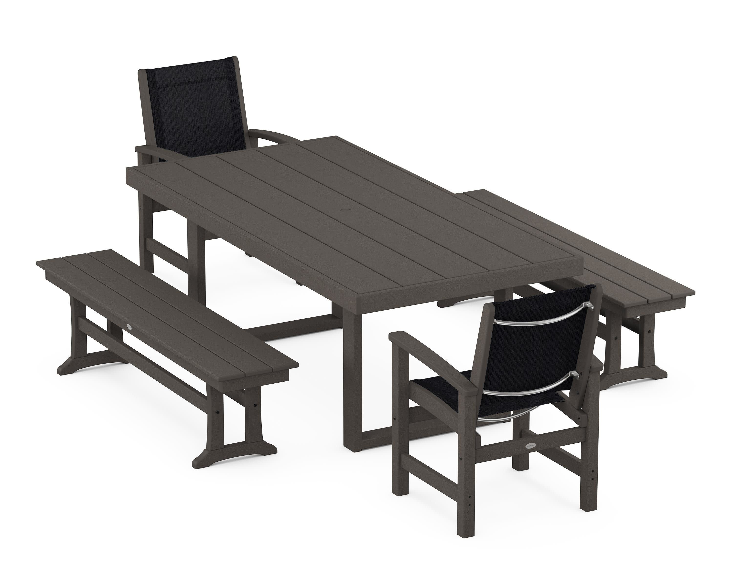 Coastal 5-Piece Dining Set with Trestle Legs in Vintage Coffee / Black Sling