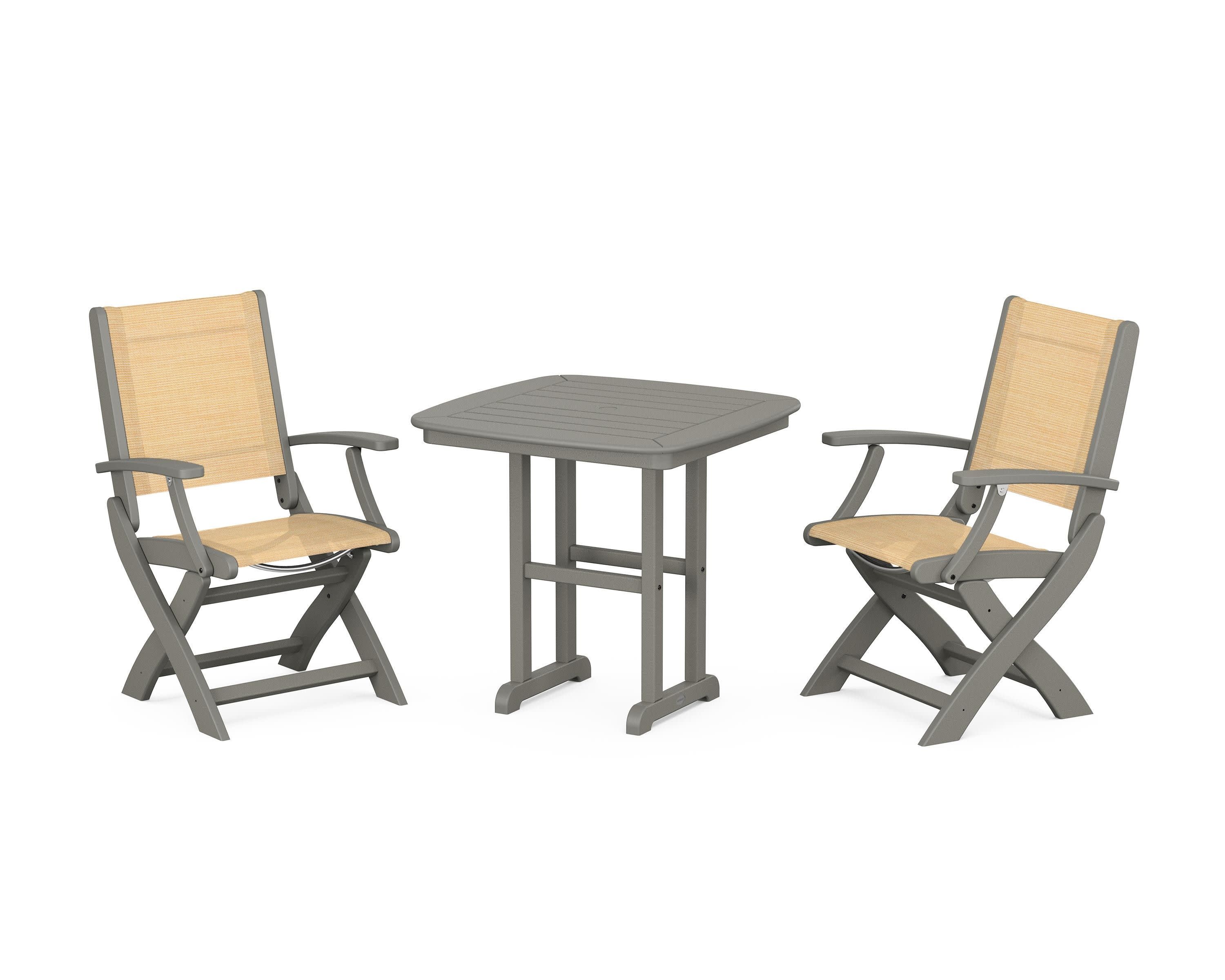 Coastal Folding Chair 3-Piece Dining Set in Slate Grey / Dupioni Apricot Sling