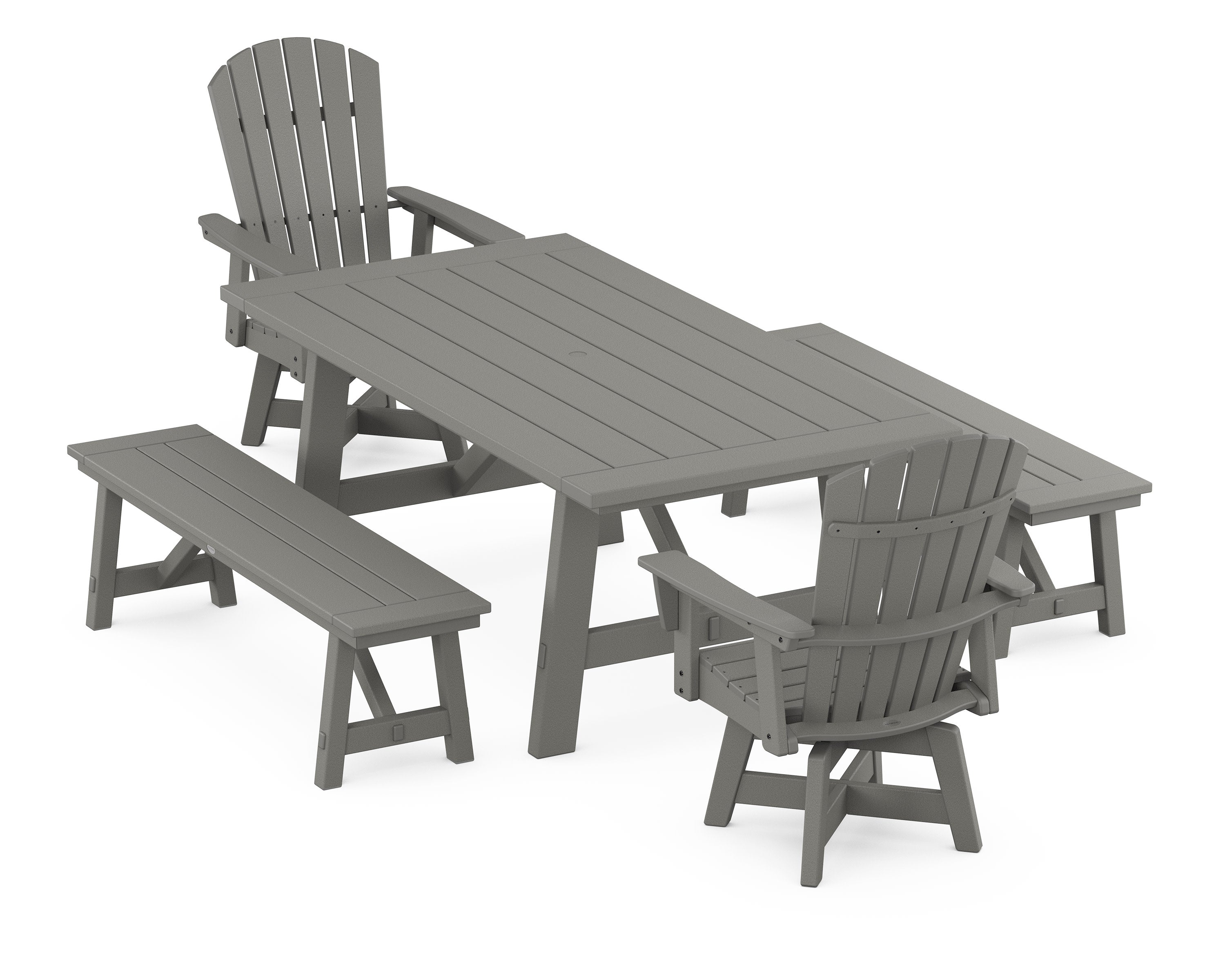 Nautical Curveback Adirondack Swivel Chair 5-Piece Rustic Farmhouse Dining Set With Benches in Slate Grey